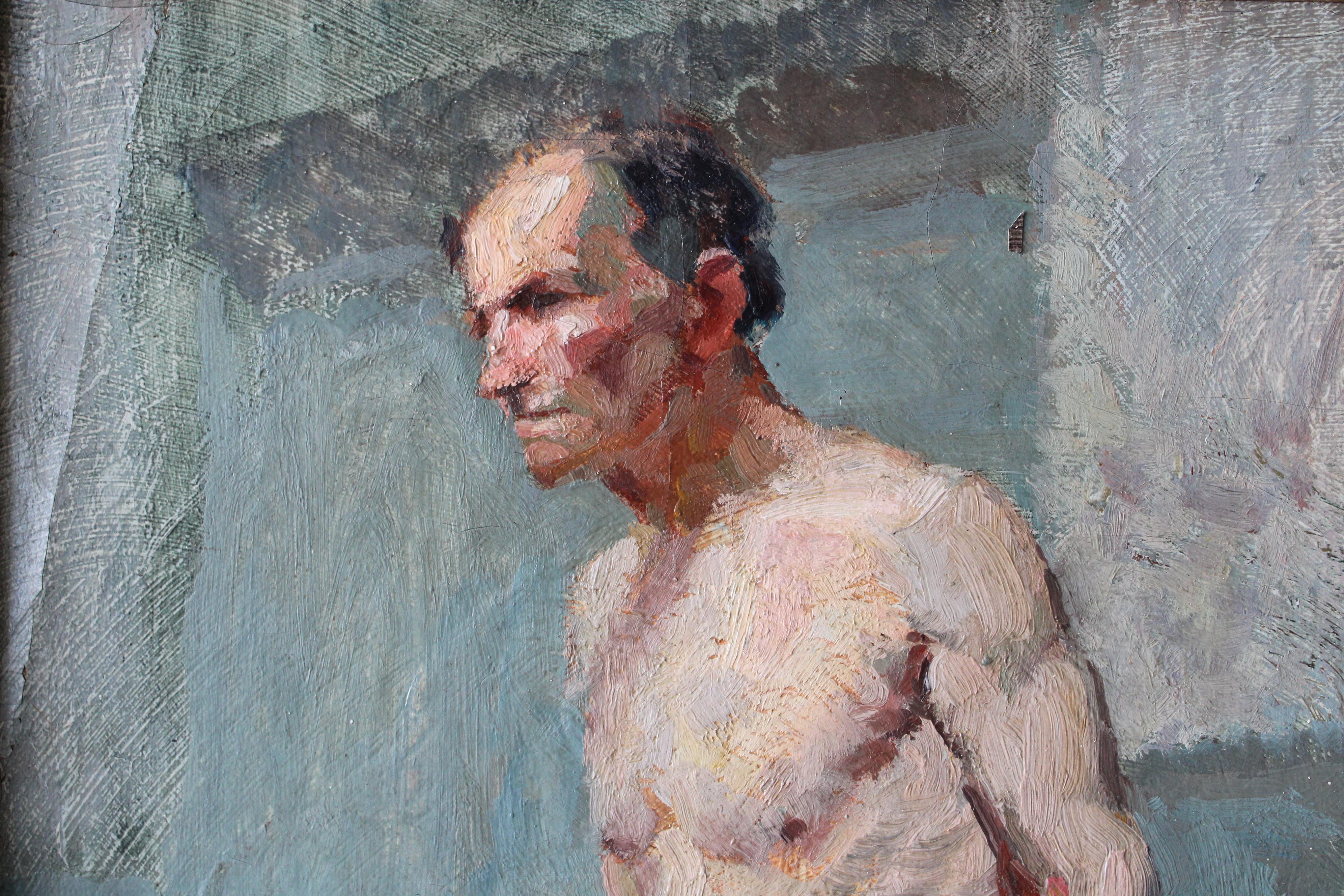 Peinture à l'huile ancienne homme nu 1920 portrait d'un homme en string impressionniste en vente 1