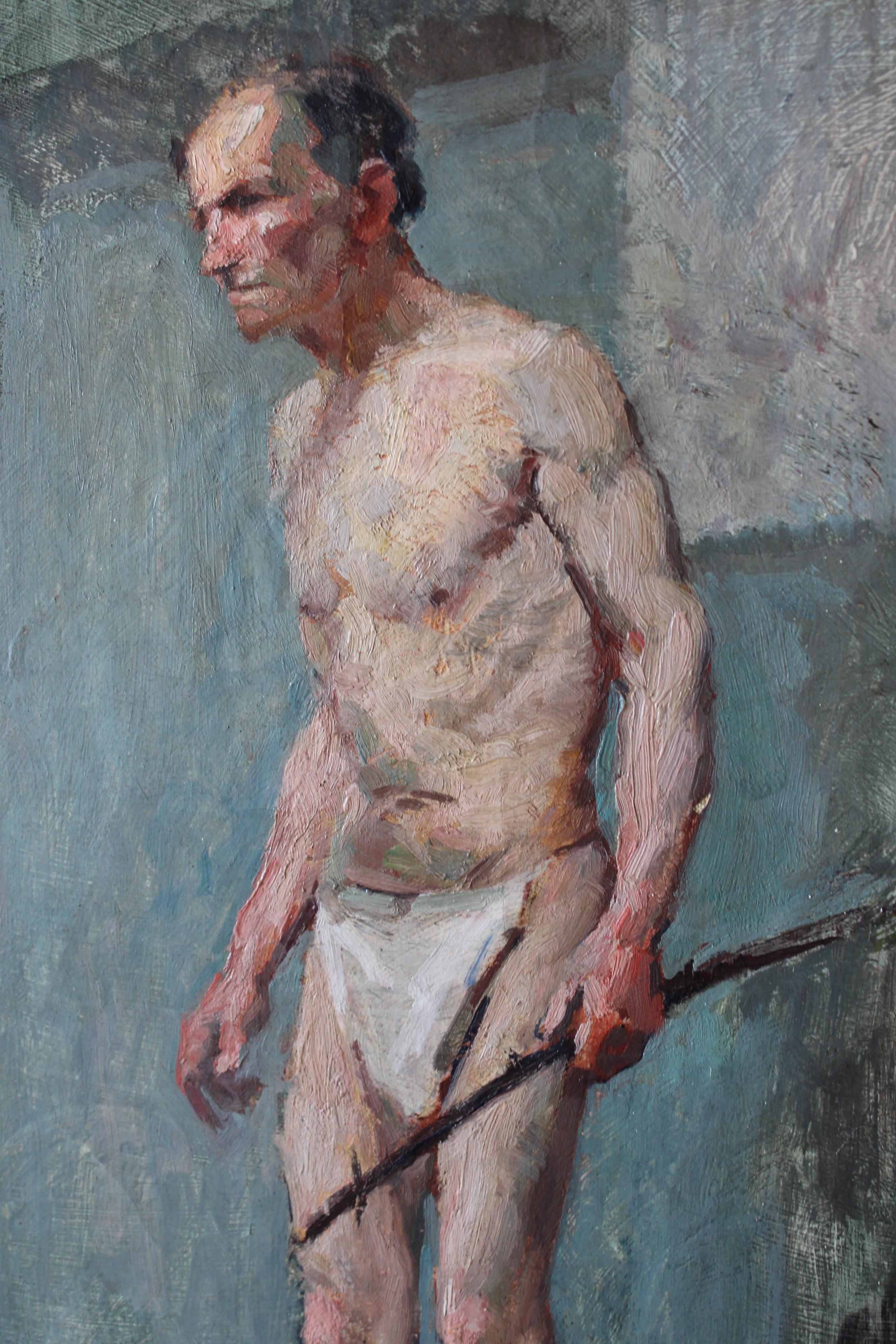 Peinture à l'huile ancienne homme nu 1920 portrait d'un homme en string impressionniste en vente 2