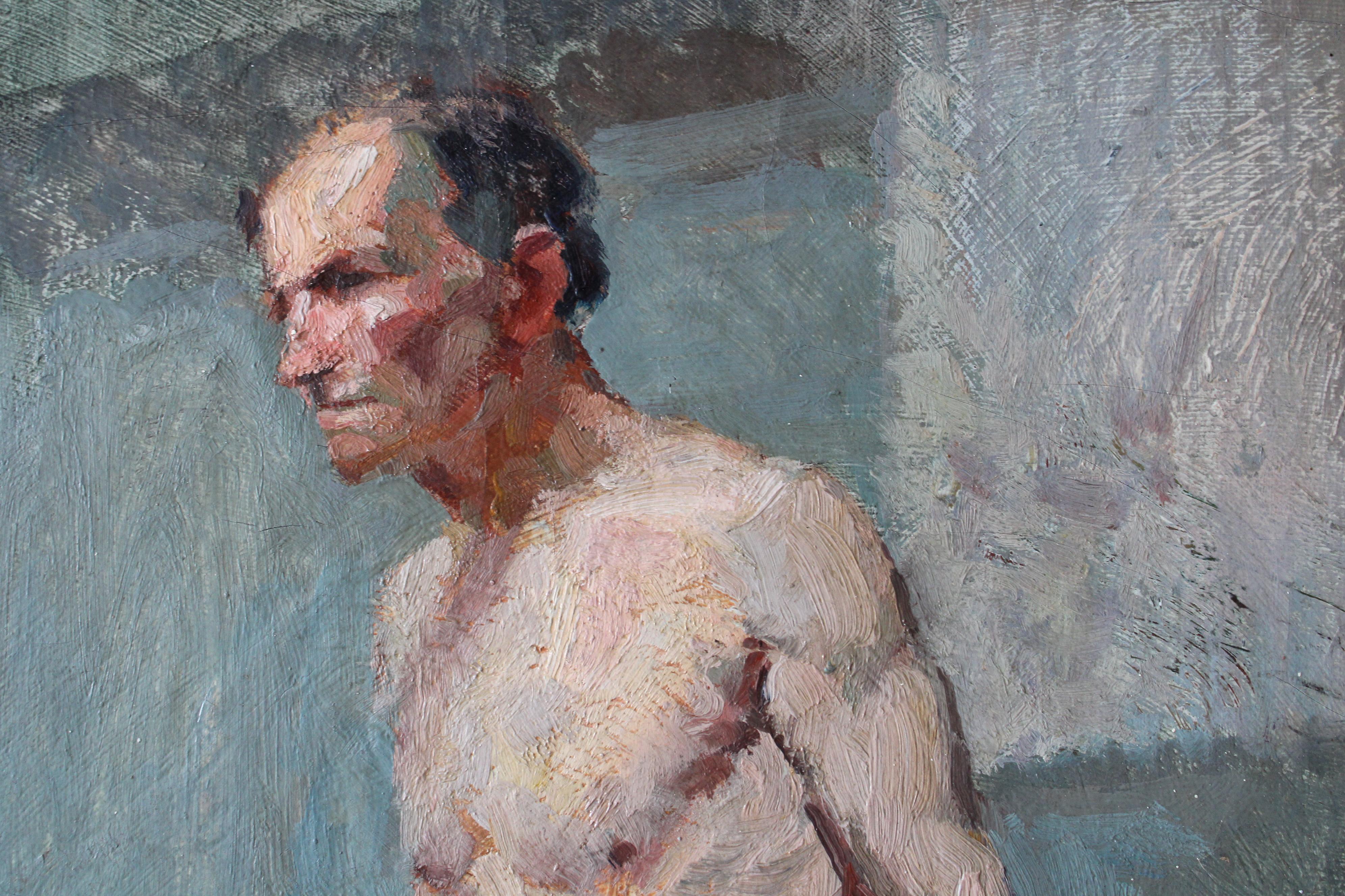 Peinture à l'huile ancienne homme nu 1920 portrait d'un homme en string impressionniste en vente 4