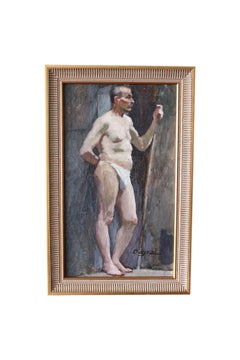 Antique man nude oil painting 1920's portrait of a man in a thong impressionist