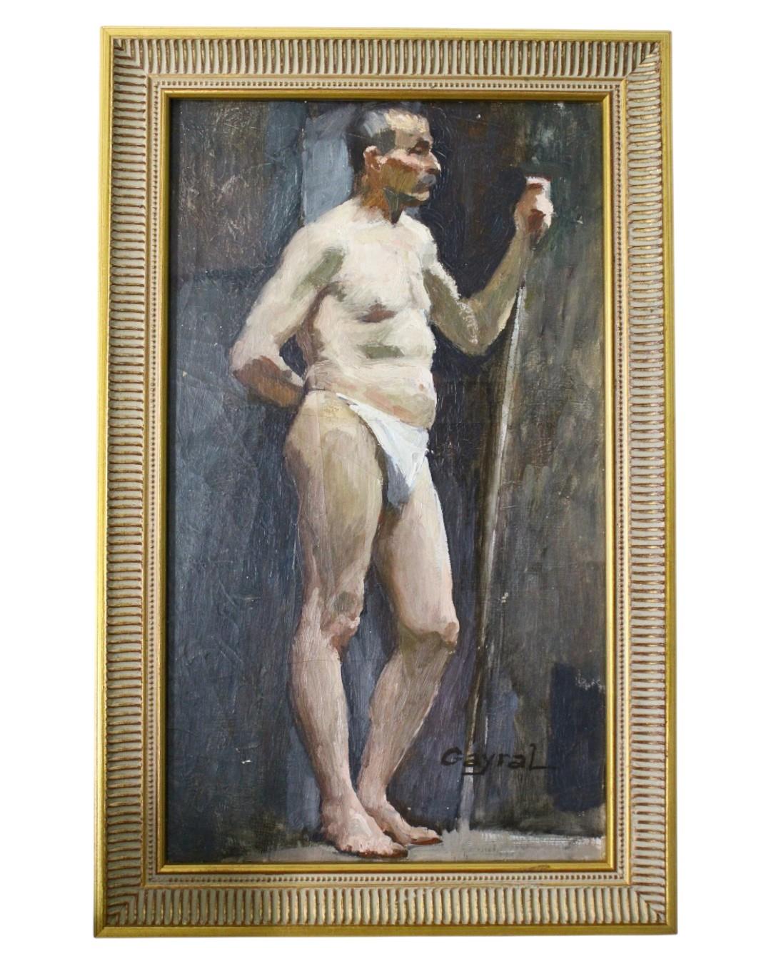 Antico dipinto a olio di nudo maschile 1920 ritratto di un uomo in perizoma impressionista