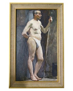 Antico dipinto a olio di nudo maschile 1920 ritratto di un uomo in perizoma impressionista