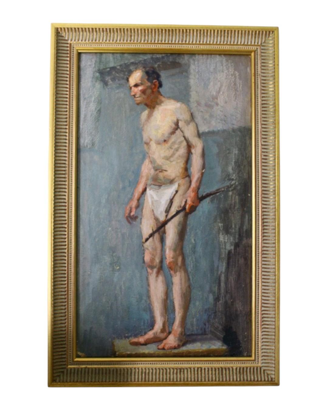 Antico dipinto a olio di nudo maschile 1920 ritratto di un uomo in perizoma impressionista