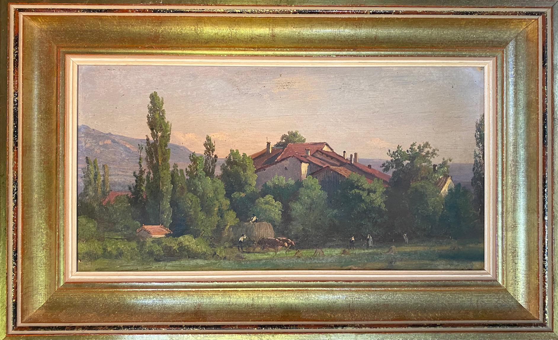 Landscape Painting di Jean-Philippe George Julliard - "Campagna di Ginevra" di J-P George - Olio su cartone 16x31 cm