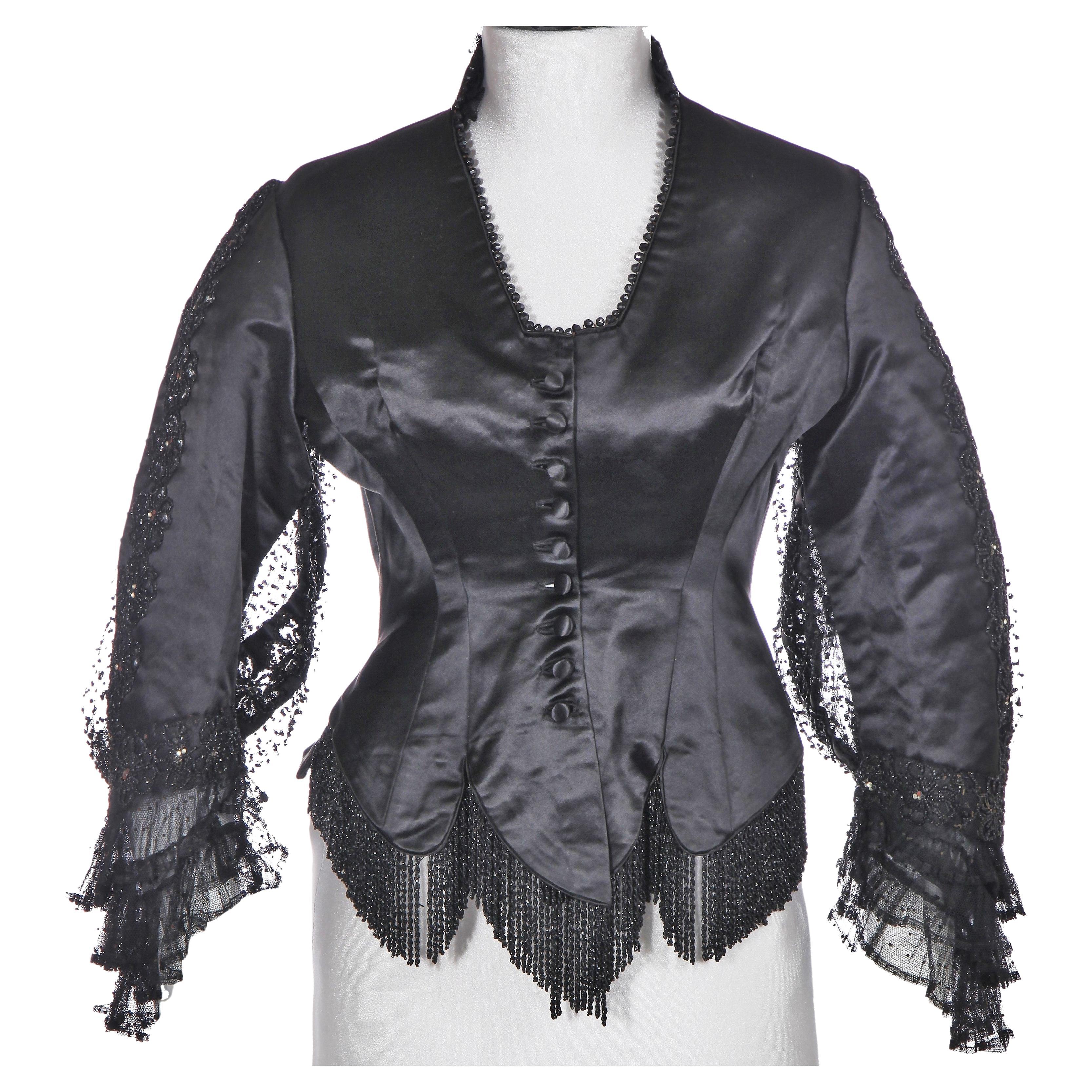 Jean-Philippe Worth - corsage de jour en baleine, satin de soie noir et perles de jais -. en vente