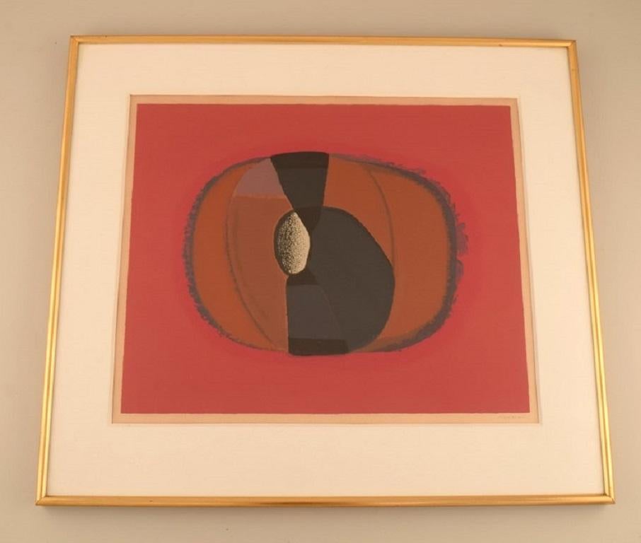 Jean Piaubert (1900-2002), France. 
Lithographie en couleur. Composition abstraite. 1960's.
Dimensions visibles : 48 x 40 cm.
Dimensions totales : 61 x 55 cm.
Le cadre mesure : 1 cm.
En parfait état.
Signé à la main.

