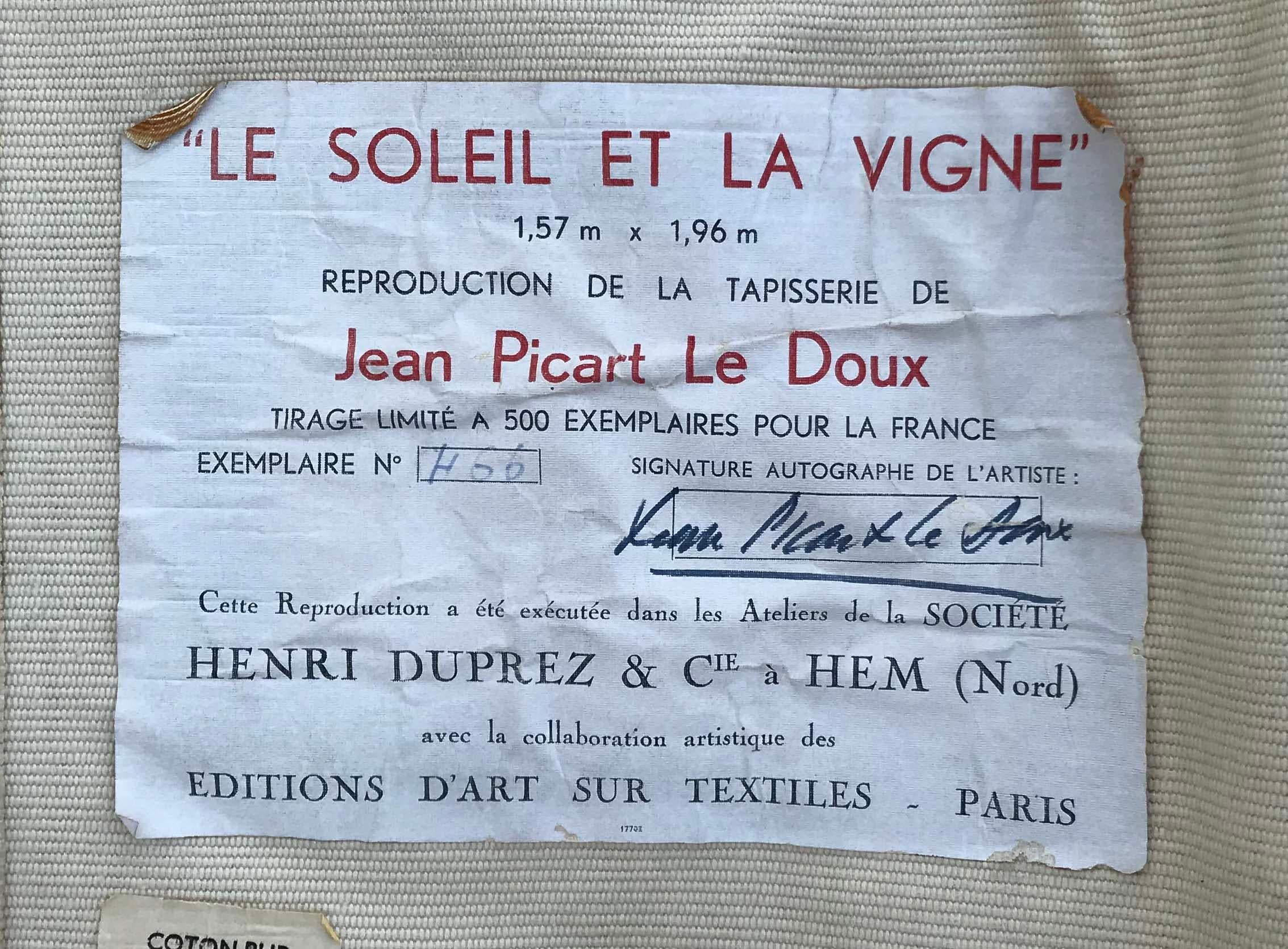 Original Jean Picart Le Doux Paris Cotton Tapestry Proof of Authenticity France 3