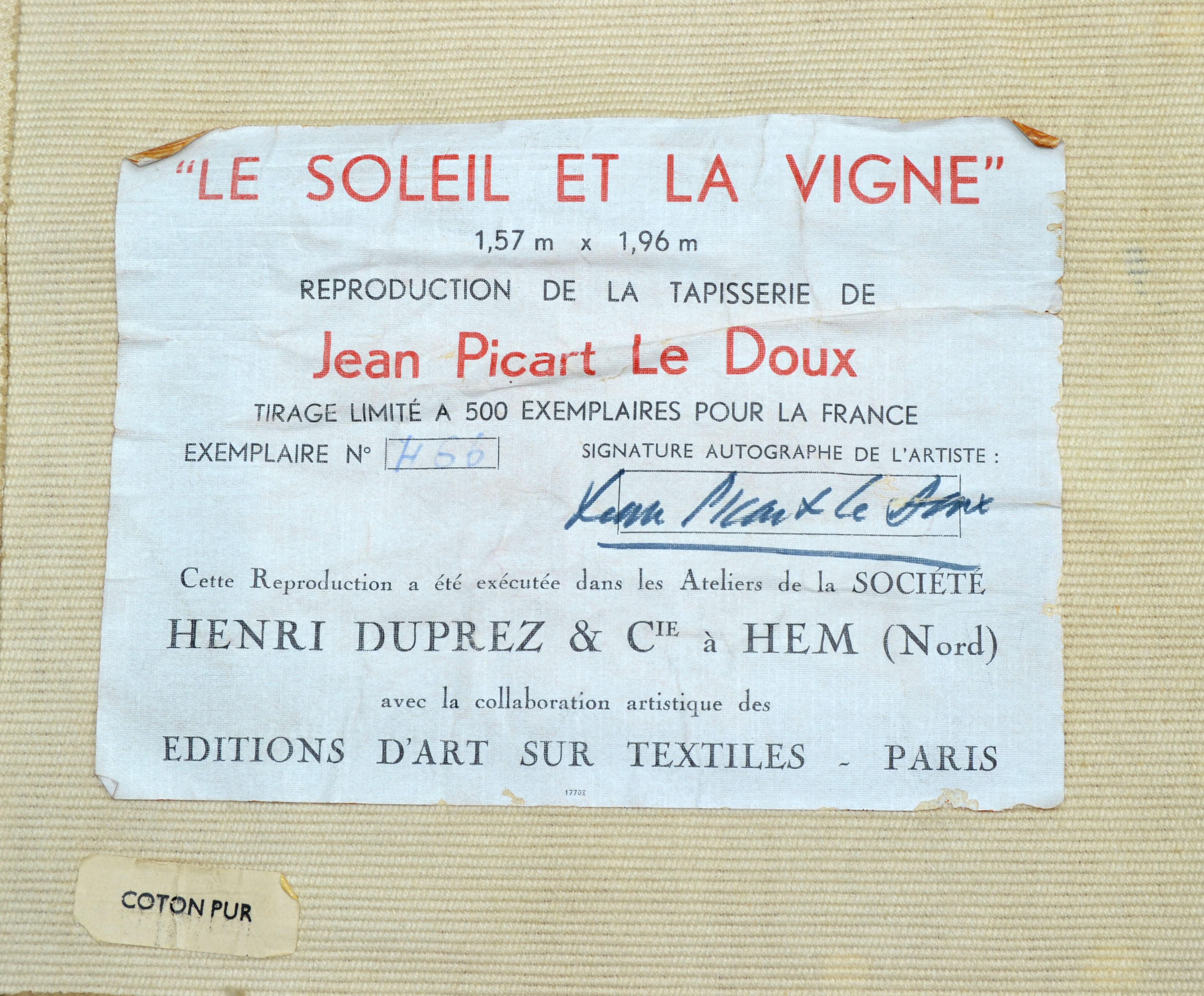 Original Jean Picart Le Doux Paris Cotton Tapestry Proof of Authenticity France 2