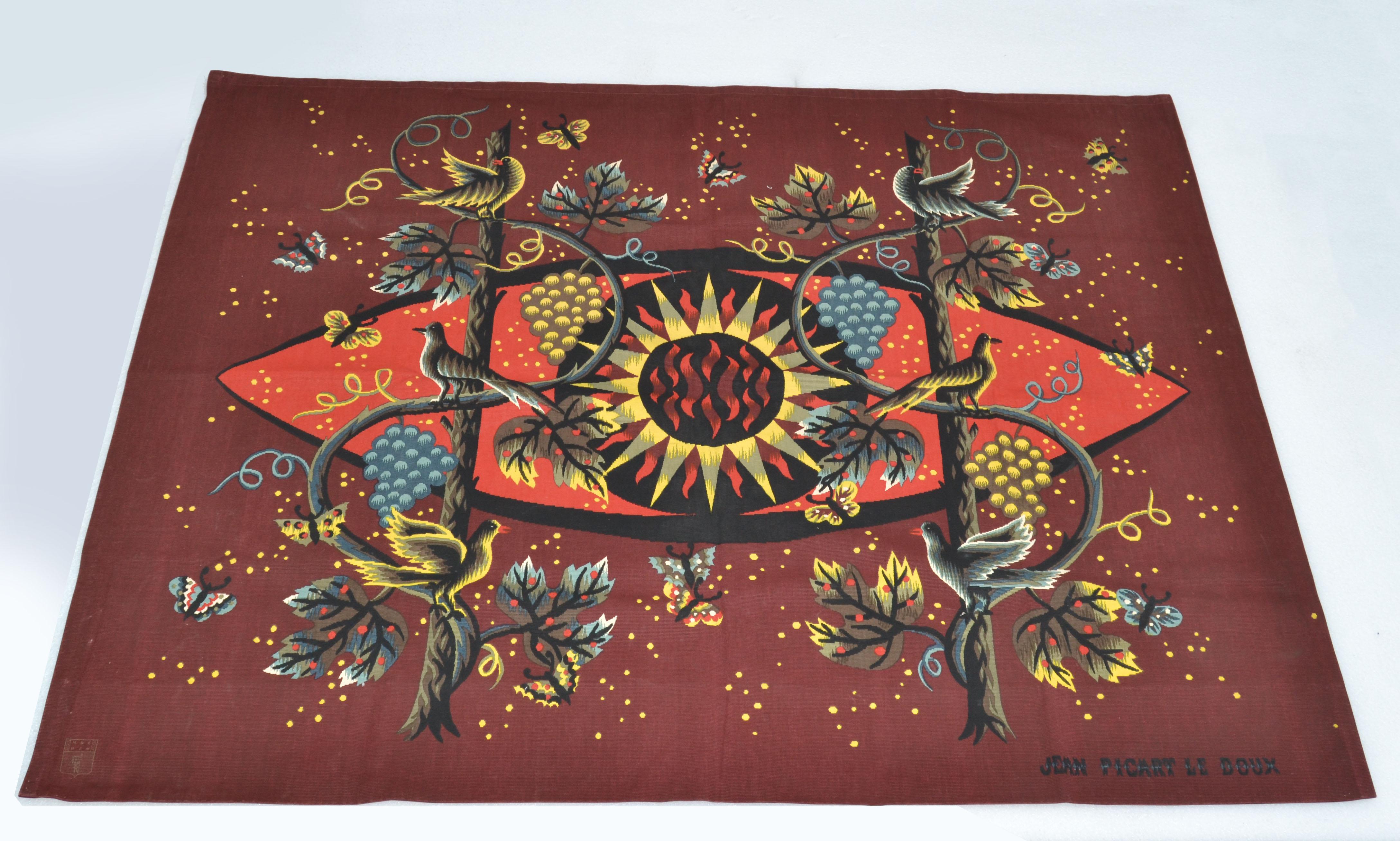 Superb French handcrafted Tapestry by Jean Picard Le Doux executed by Henri Duprez.
Limited edition of 500, this one is 456.
Proof of Authenticity on the reverse.
Titled, le Soleil et la Vigne.
Mid-Century Modern Textile Wall Art from Paris.