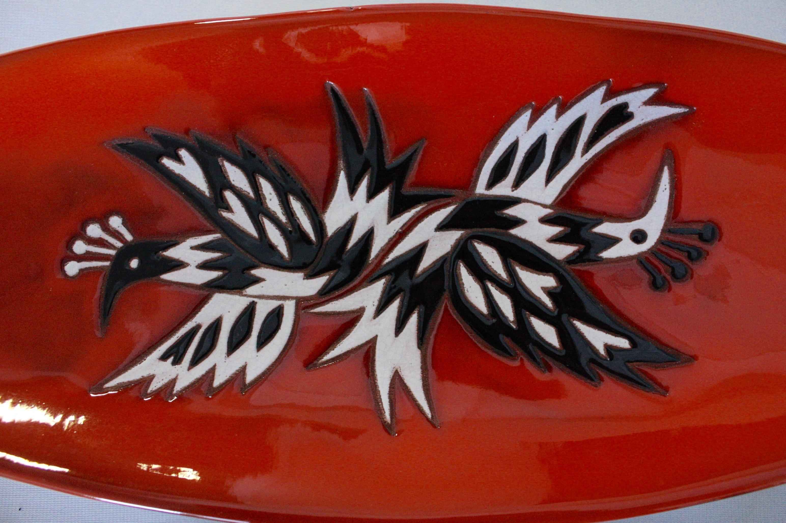 Jean Picart Le Doux, Large 'Oiseaux' Ceramic Bowl, 1960s (Moderne der Mitte des Jahrhunderts) im Angebot