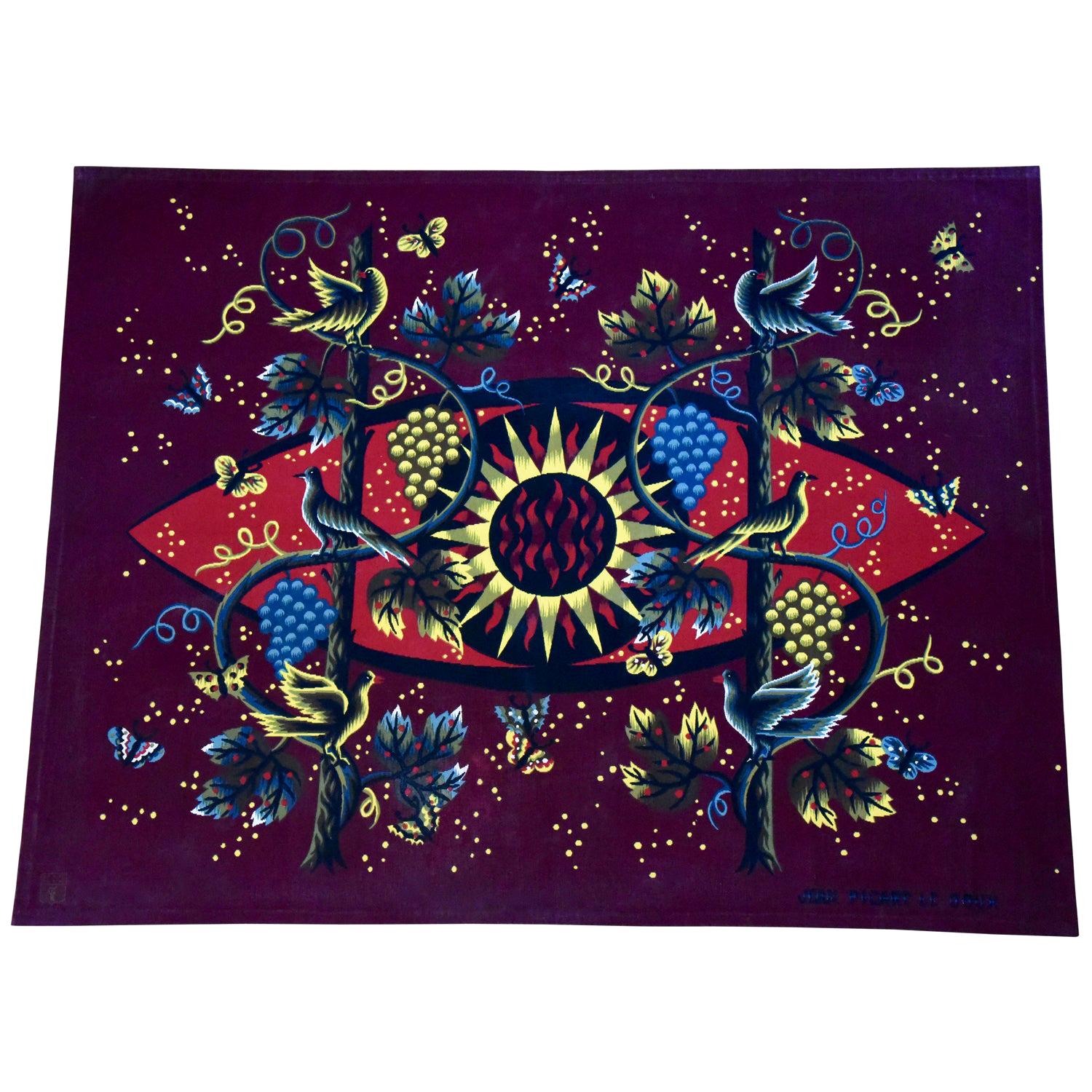 Jean Picart Le Doux Midcentury Tapestry Sun Birds Vine 1960 Signed  France 