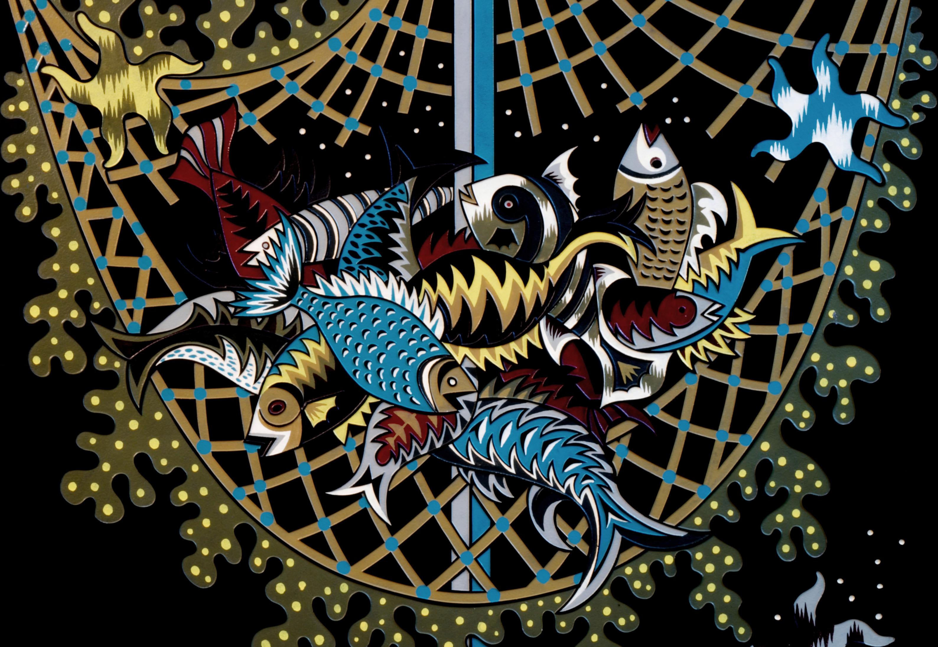 Museum sand etched glass wall plate by Jean Picart Le Doux, France, 1950s . Polychrome decoration of fishes, starfishes, Neptune's trident and net deeply etched from stencil on a thick plate of black glass. The etched parts are delicately enamelled