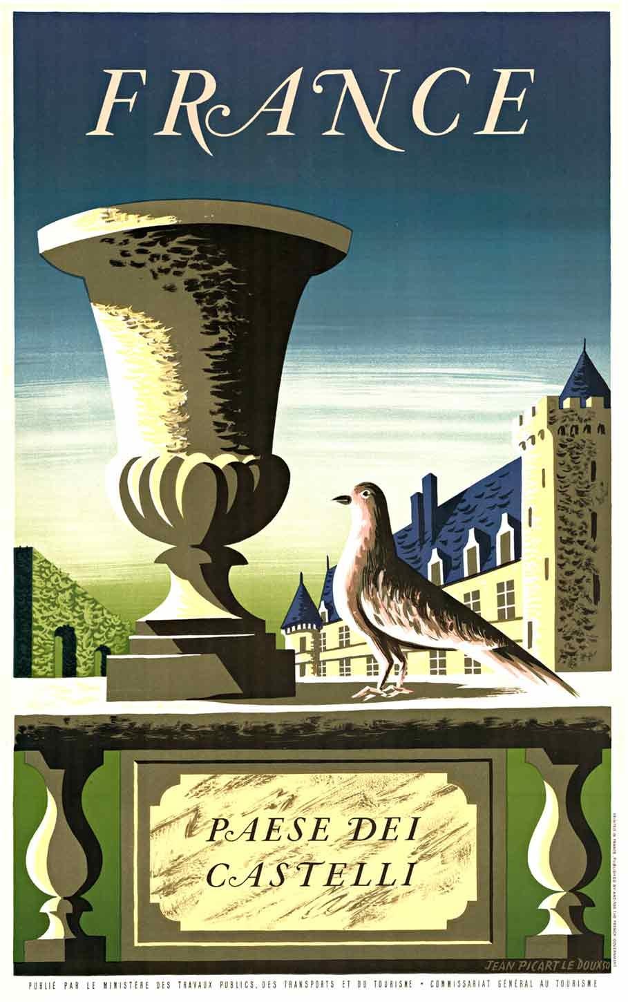 Jean Picart Le Doux Landscape Print – Origiinal FRANKREICH, Paese dei Casstelli, französisches Reiseplakat  auf Leinen