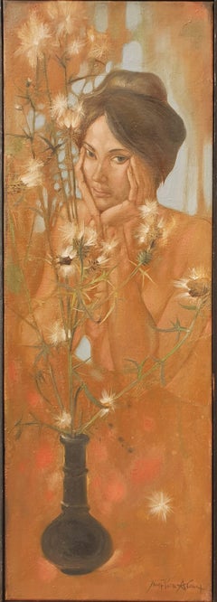 ALAUX portrait woman white thistles Symbolist 20th modern art