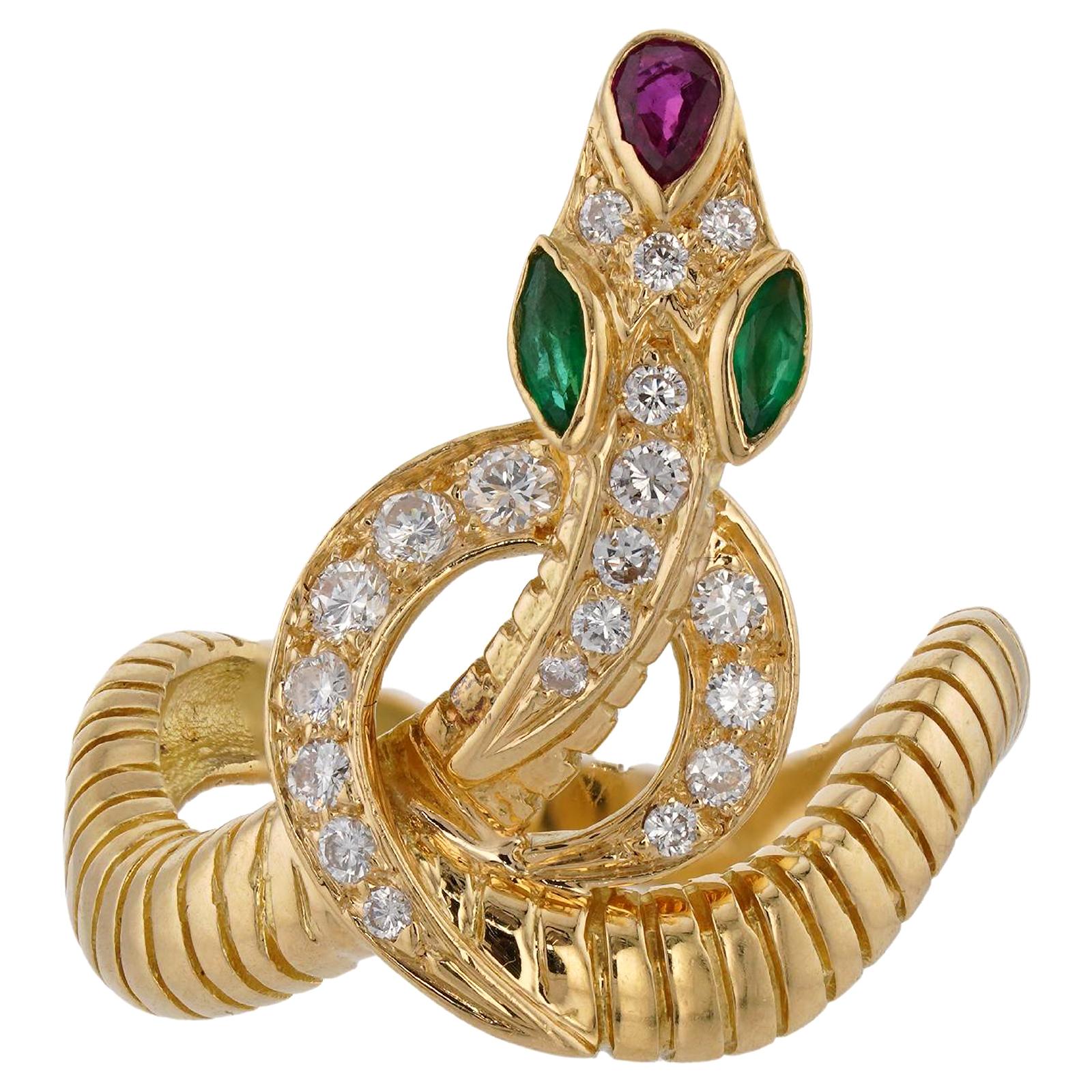 JEAN-PIERRE BELIN Serpenti Diamond Ruby Emerald 18k Yellow Gold Ring In Excellent Condition For Sale In New York, NY