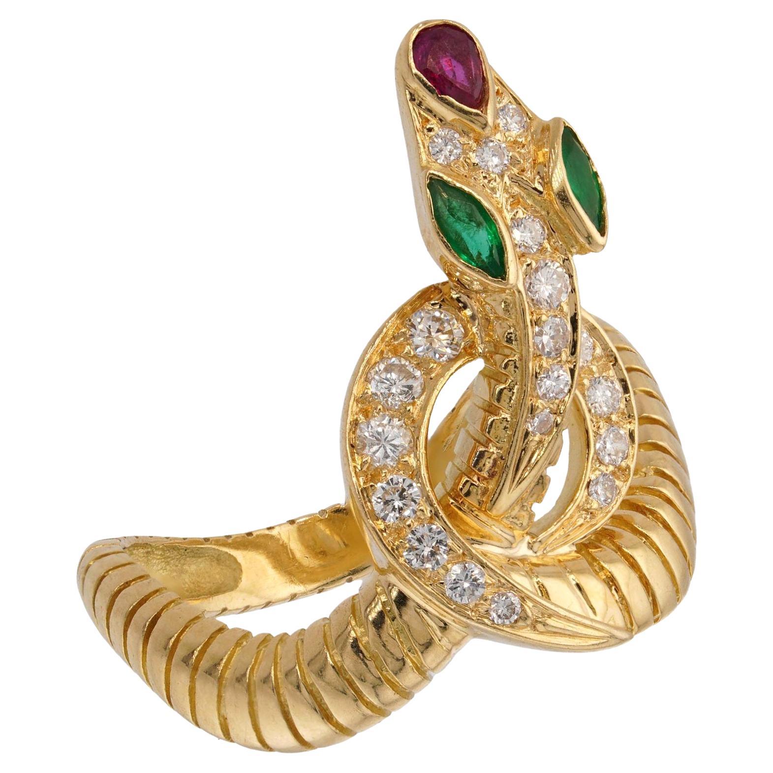 JEAN-PIERRE BELIN Serpenti Diamond Ruby Emerald 18k Yellow Gold Ring For Sale
