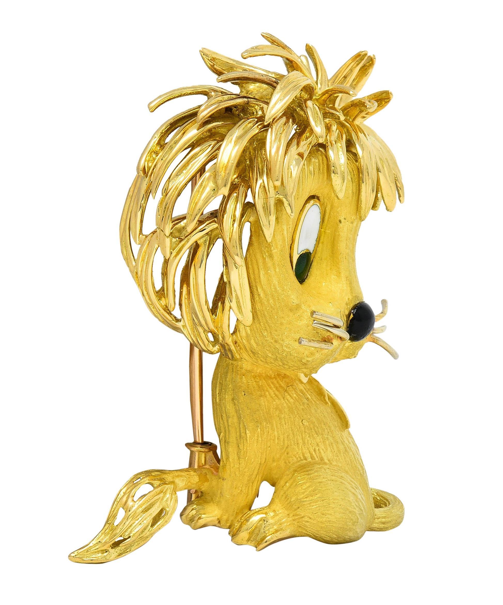 Designed as a stylized, whimsical lion sitting with ruffled tendril mane and textured fur
Featuring enamel eyes and nose - opaque black, opaque white, and transparent green
Body fur is matte, while mane, tail, smile, and whiskers are high