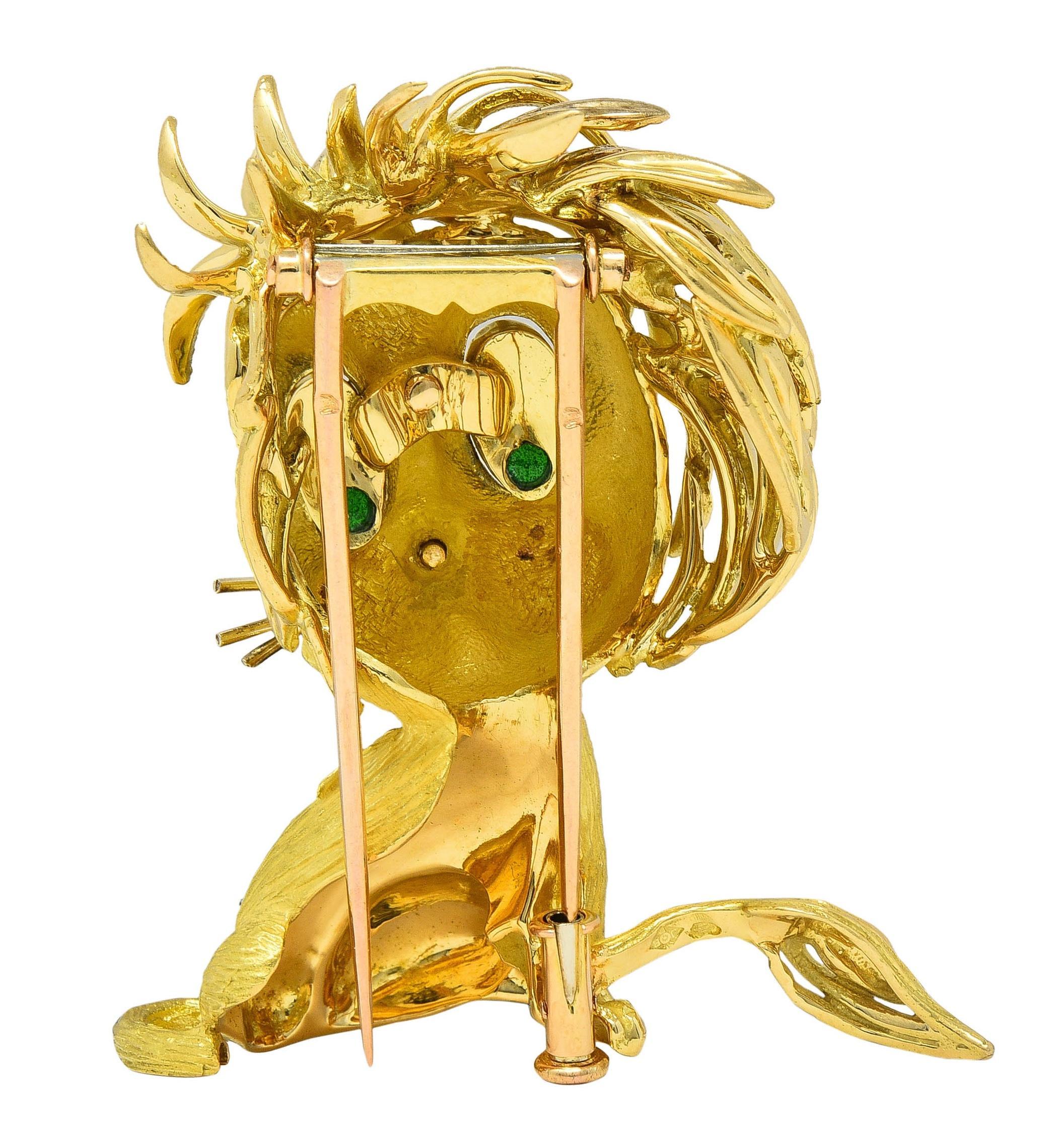 Jean & Pierre Bellin French Vintage Enamel 18 Karat Gold Disheveled Lion Brooch For Sale 3