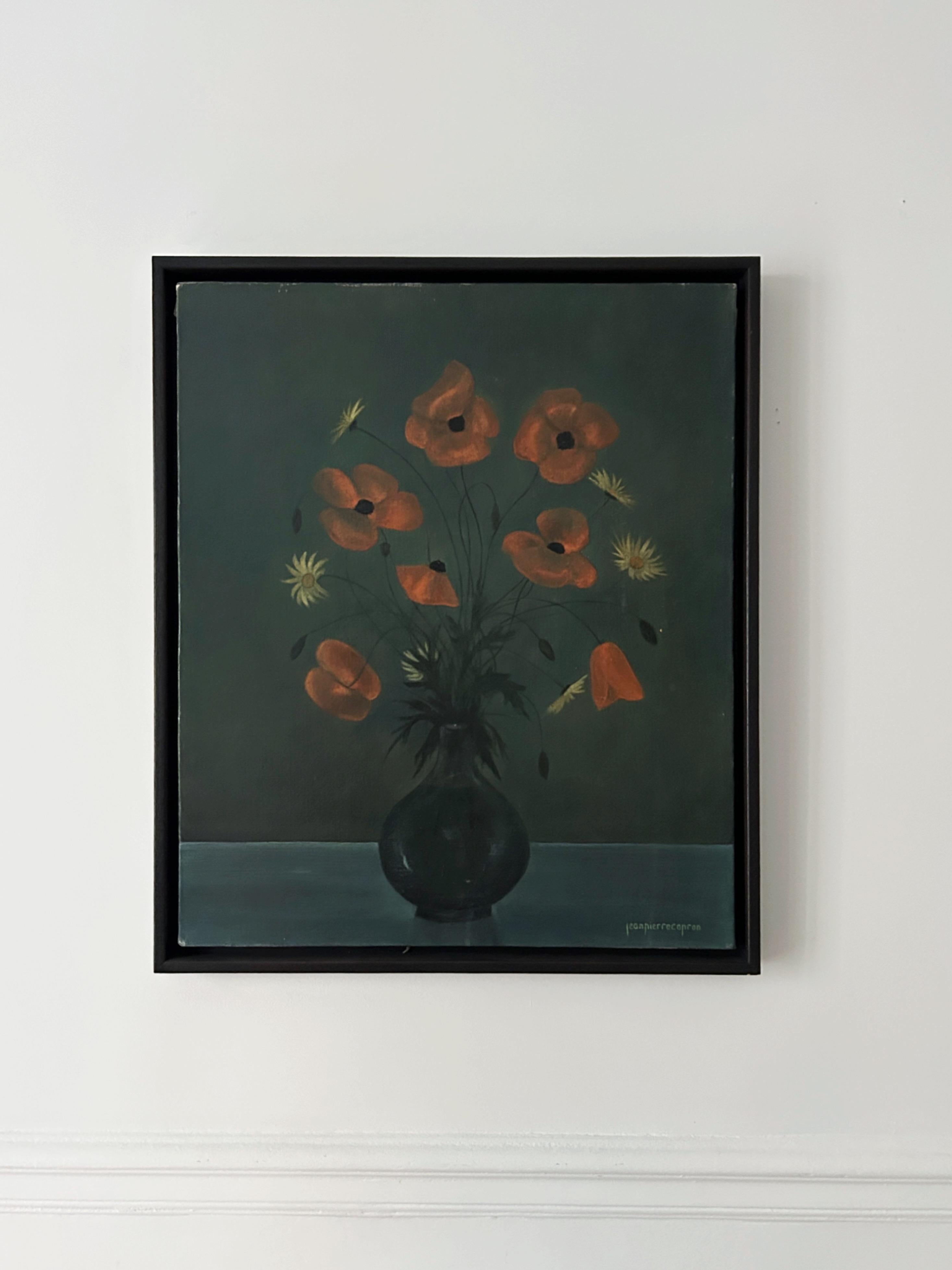 Jean-Pierre Capron Figurative Painting - Capron, Poppies and Daisies, still life with flowers, oil on canvas