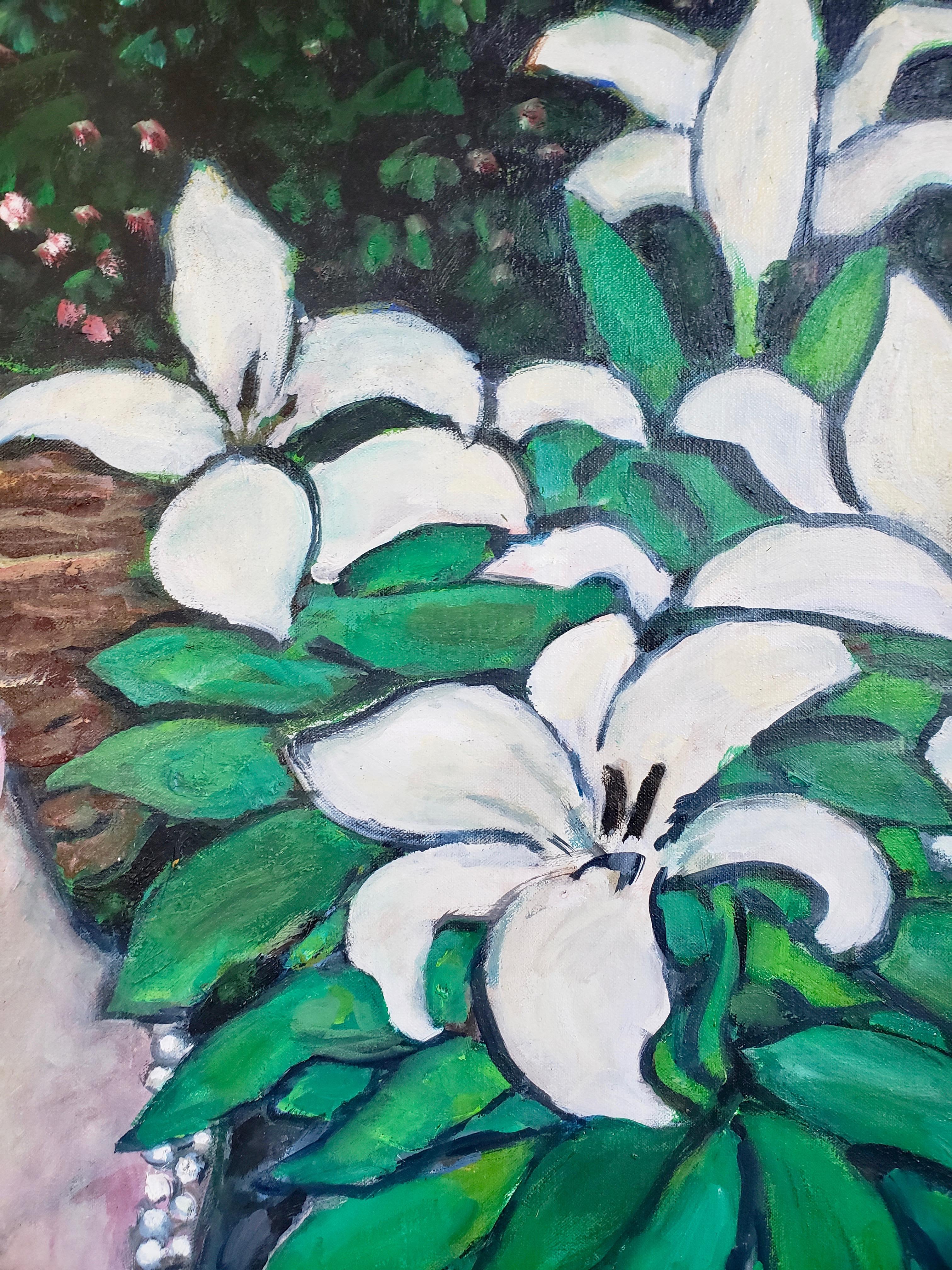Un esemplare unico di un elegante pittore di genere che ritrae una donna elegante in un giardino con un vaso di lillà di Cassigneul 