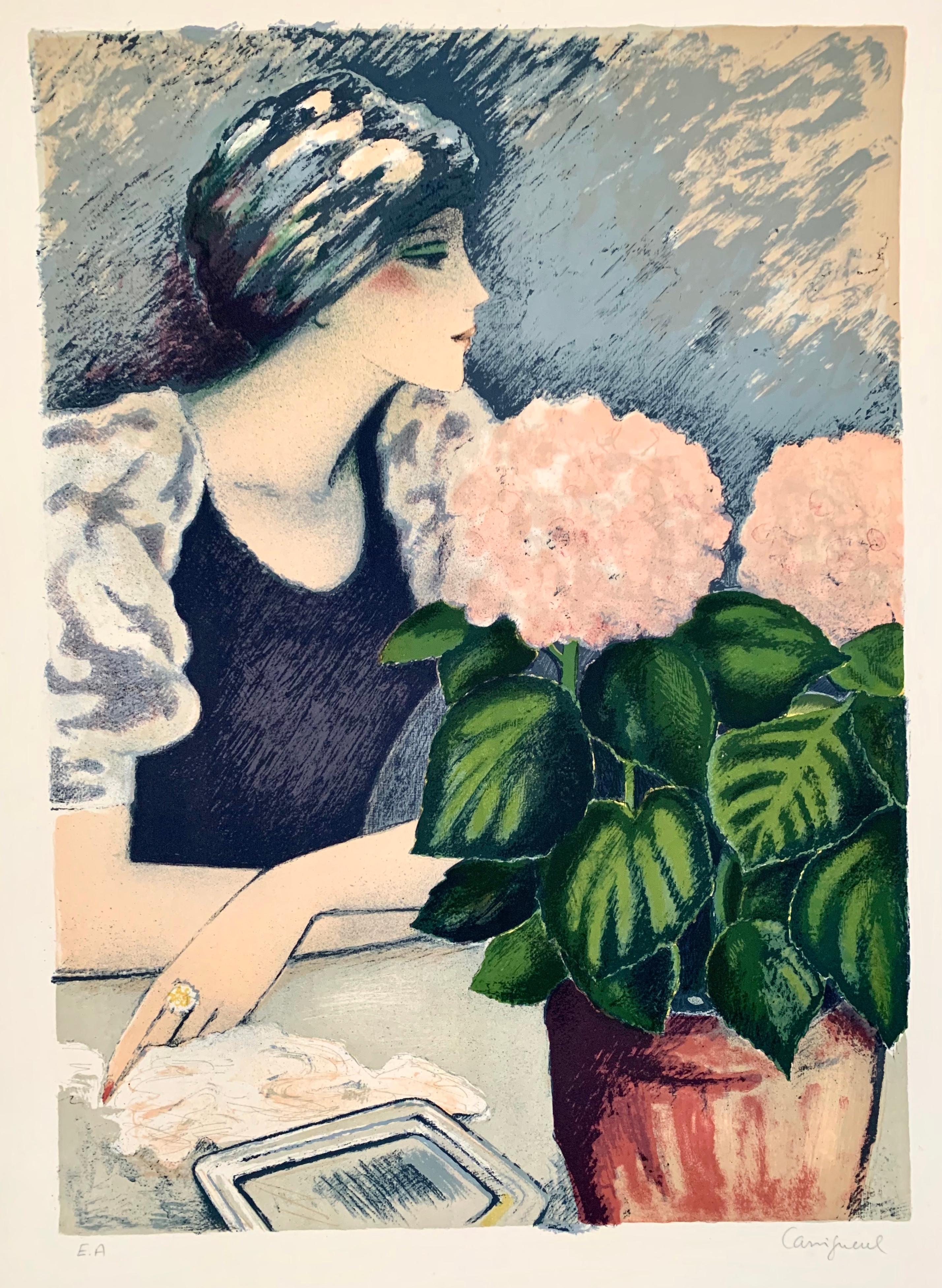 Jean-Pierre Cassigneul Portrait Print - Jeune Femme au Hortensia