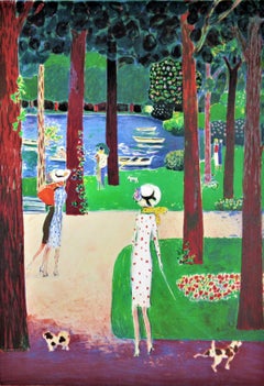 "Le Lac du Bois de Boulogne" Large original color lithograph