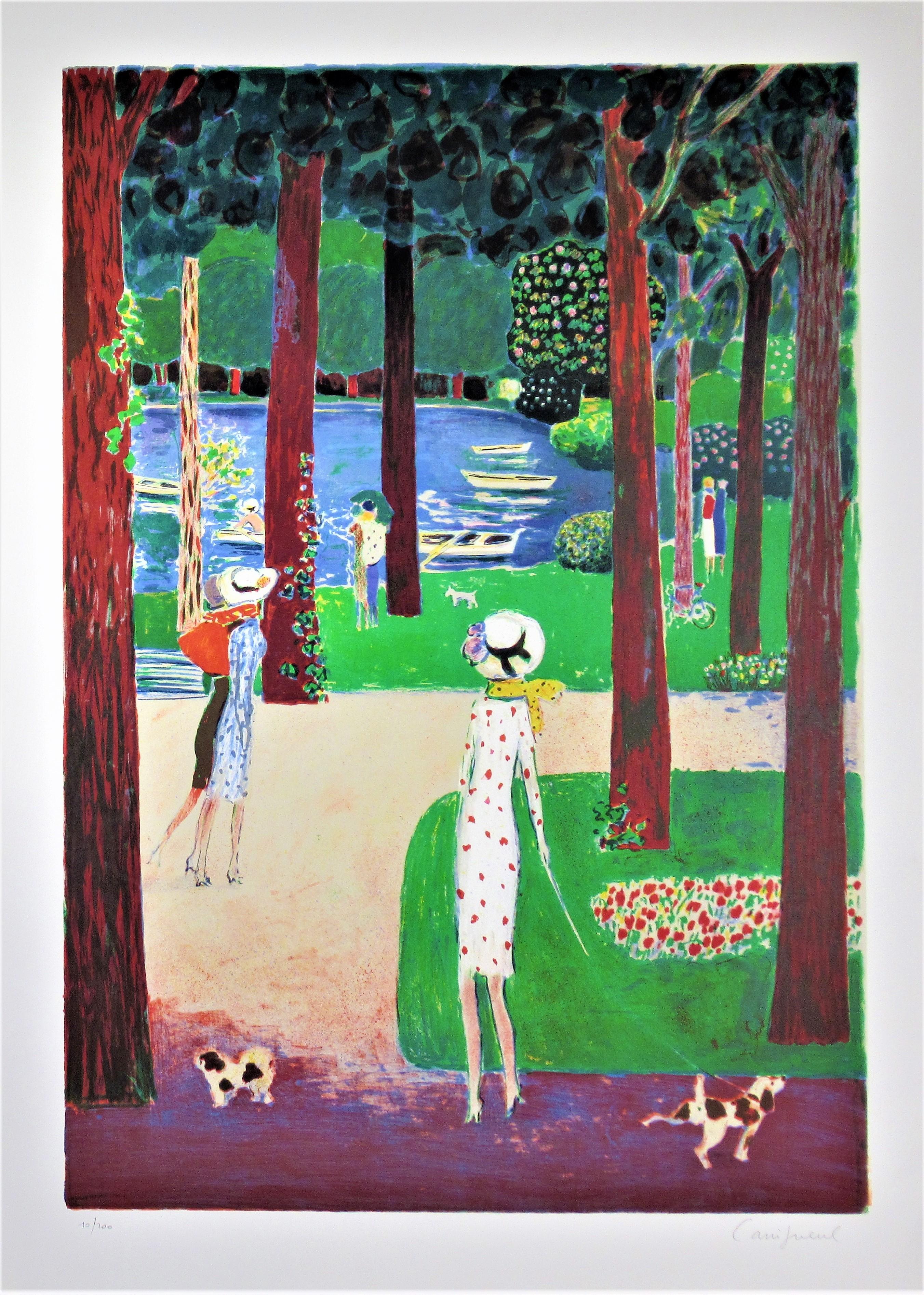 Jean-Pierre Cassigneul Figurative Print - "Le Lac du Bois de Boulogne" Large original color lithograph