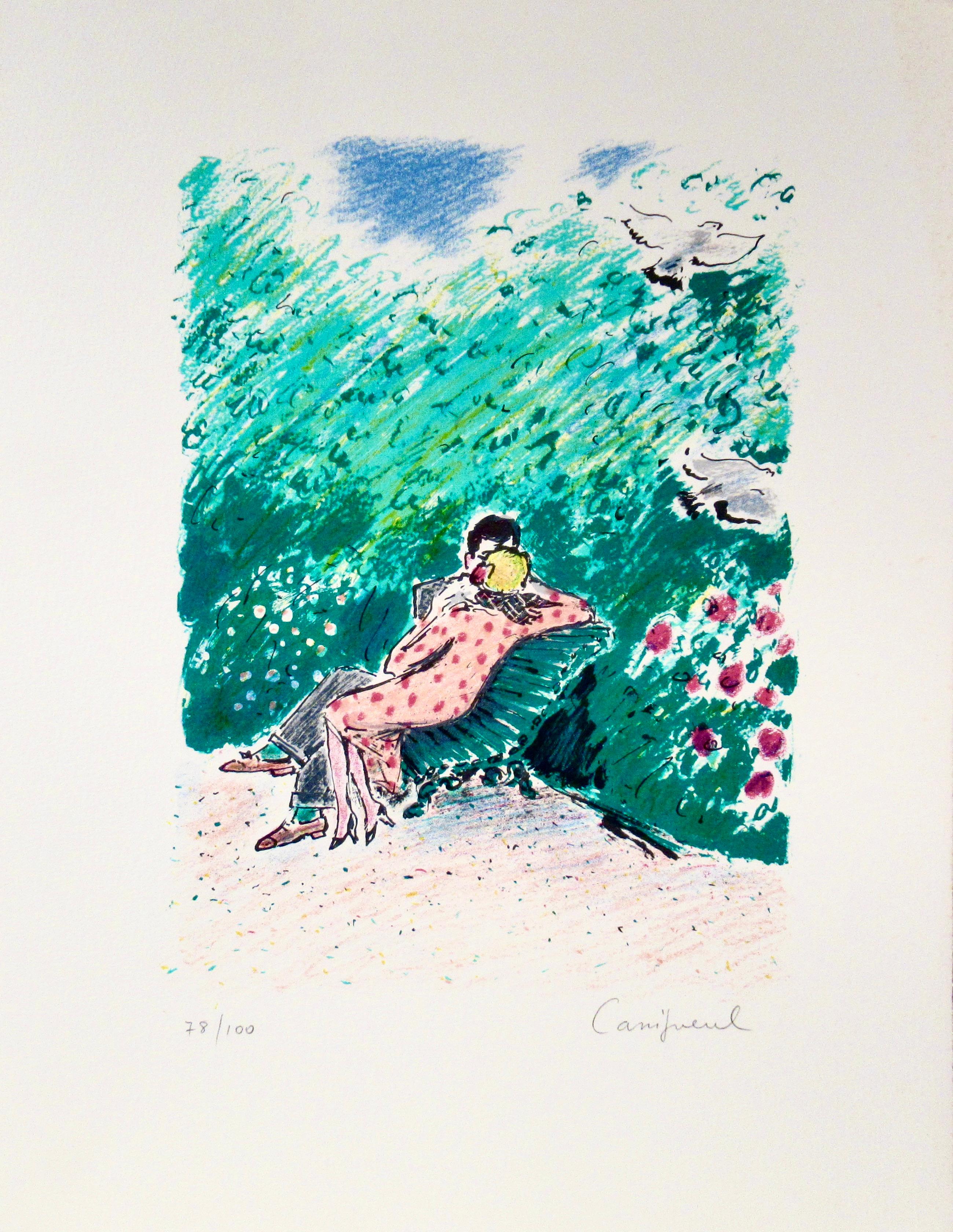 Jean-Pierre Cassigneul Figurative Print - Les Amoureux sur un Banc