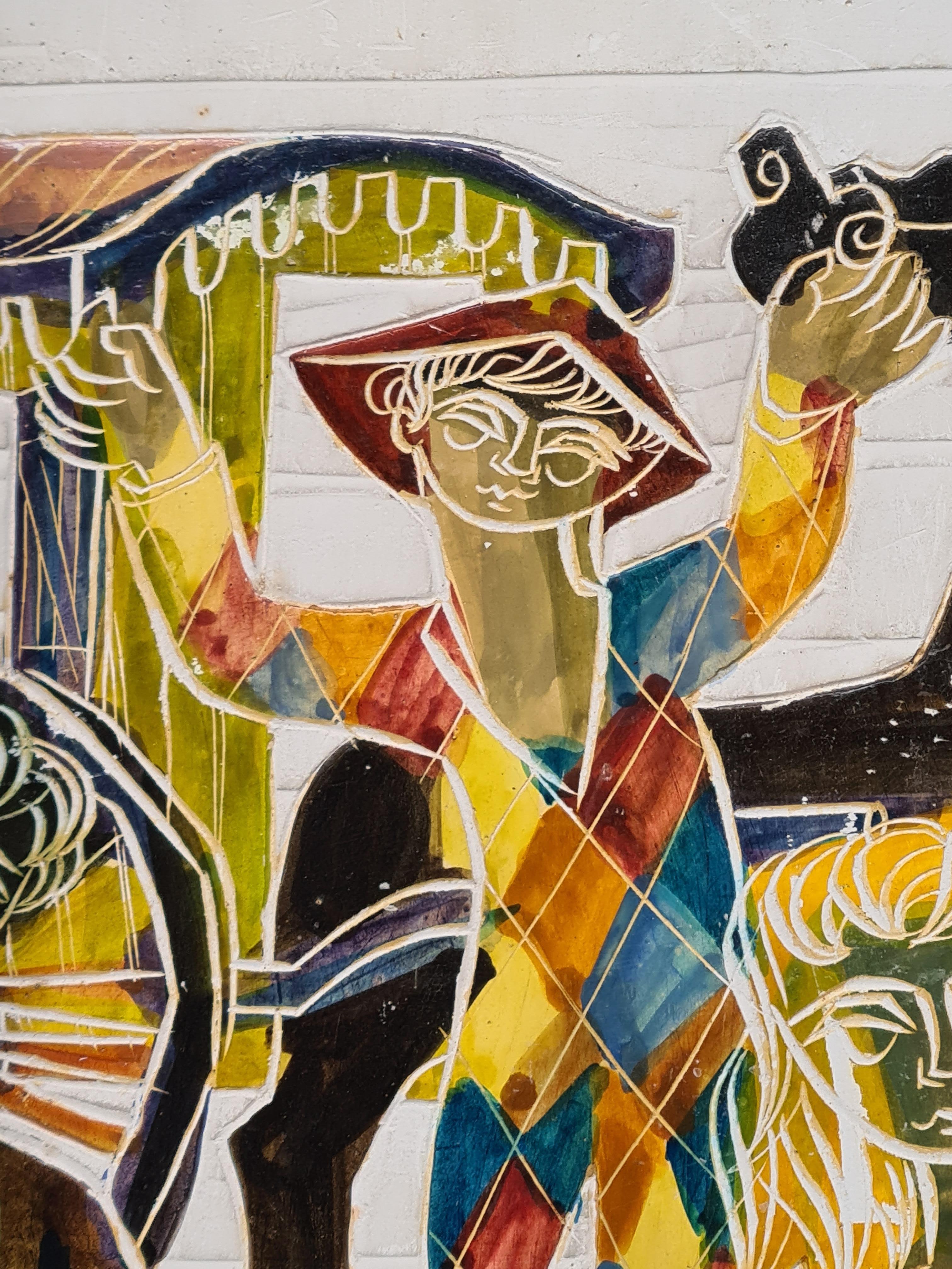 Sgraffite du milieu du siècle dernier, Saltimbanque et le joueur de cartes, cercle de Picasso - Painting de Jean Pierre de Cayeux