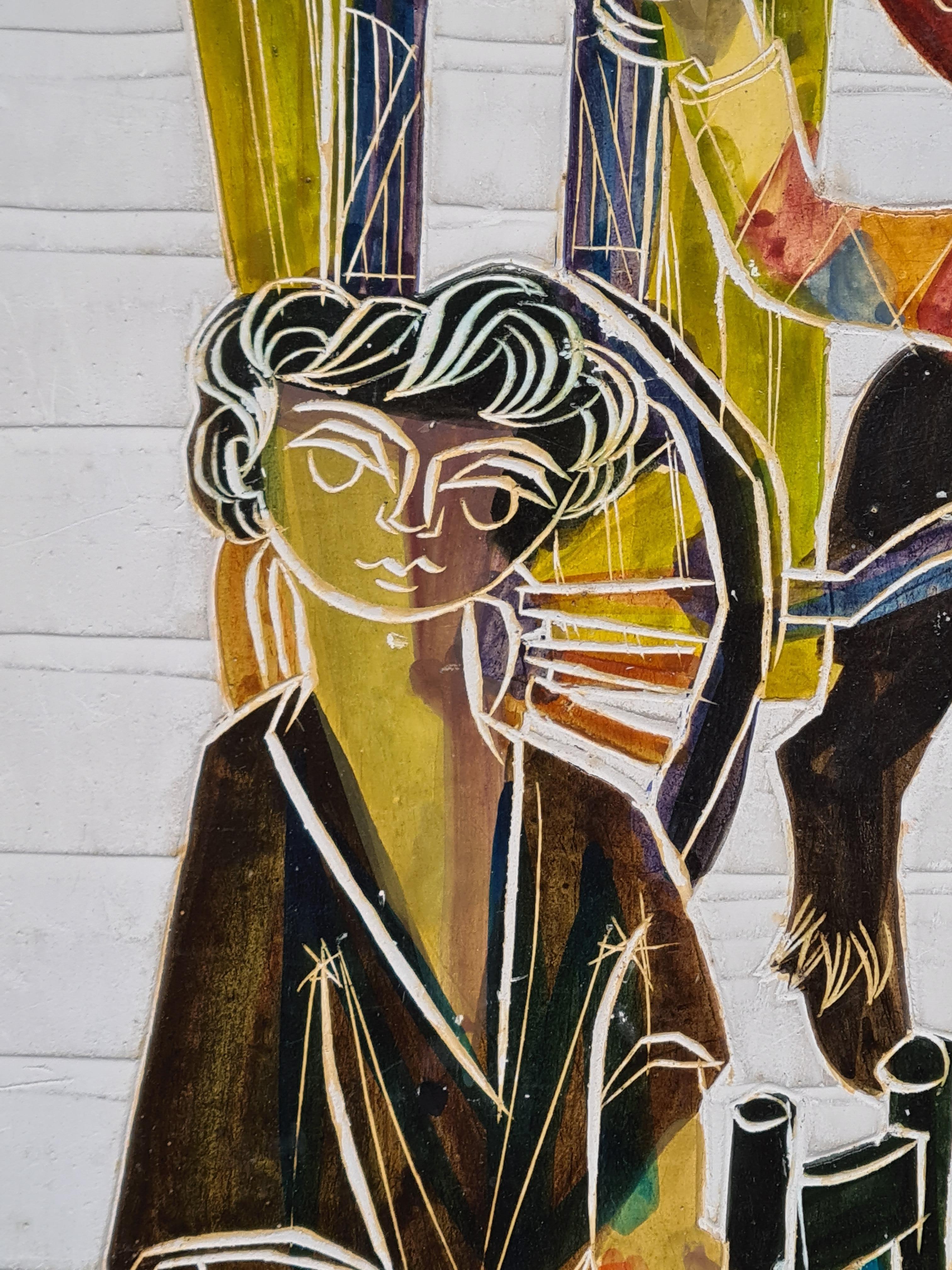 Sgraffito, Saltimbanque und der Kartenspieler aus der Mitte des Jahrhunderts, Kreis von Picasso. (Moderne), Painting, von Jean Pierre de Cayeux