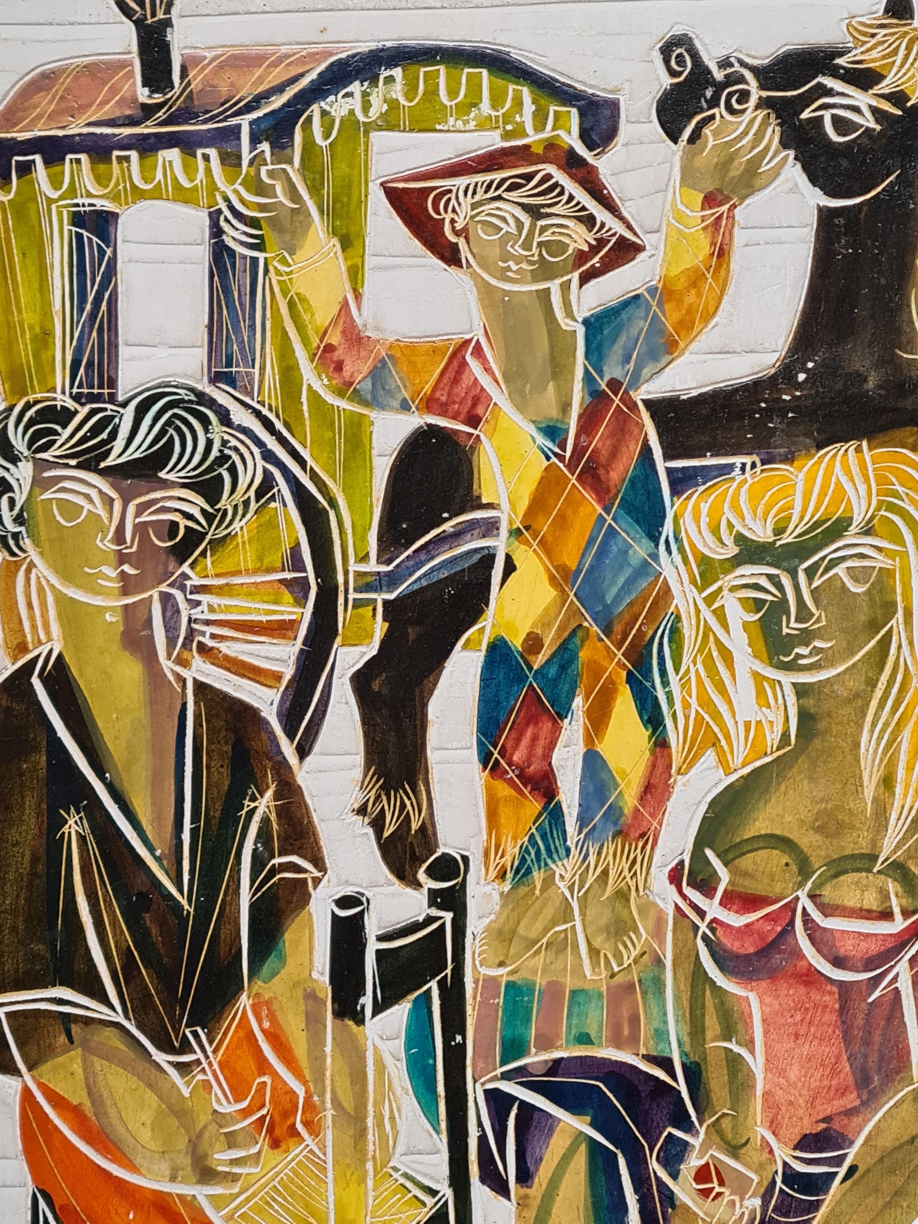 Sgraffite sur plâtre du milieu du 20e siècle par Jean Pierre de Cayeux. L'œuvre est signée et datée sur la jupe du joueur de cartes, en bas à droite, et sur le châssis de la chaise, en bas à gauche.

Une œuvre très charmante et inhabituelle qui