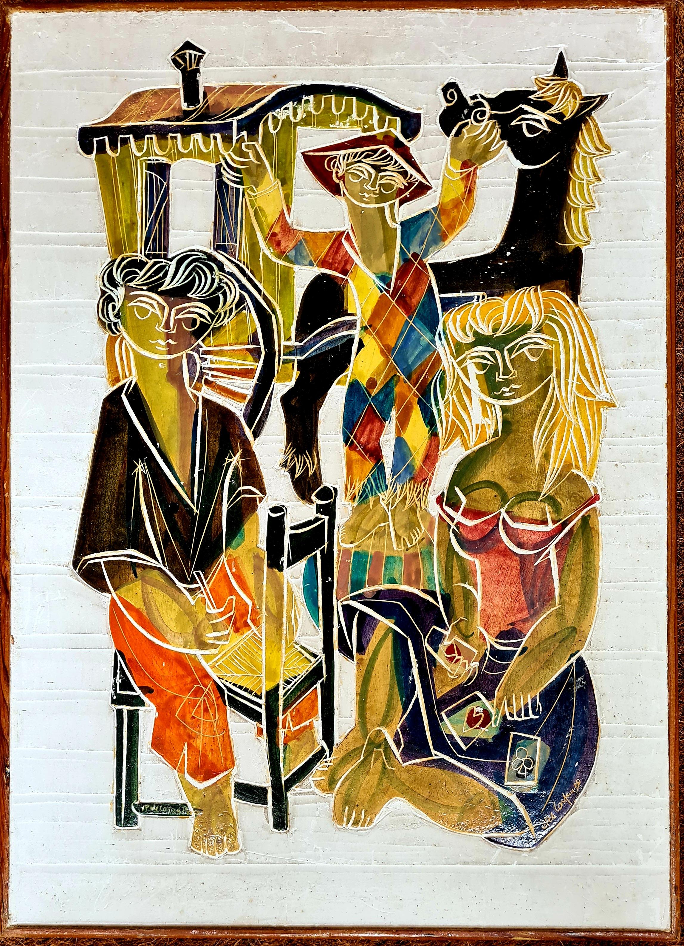 Jean Pierre de Cayeux Figurative Painting – Sgraffito, Saltimbanque und der Kartenspieler aus der Mitte des Jahrhunderts, Kreis von Picasso.