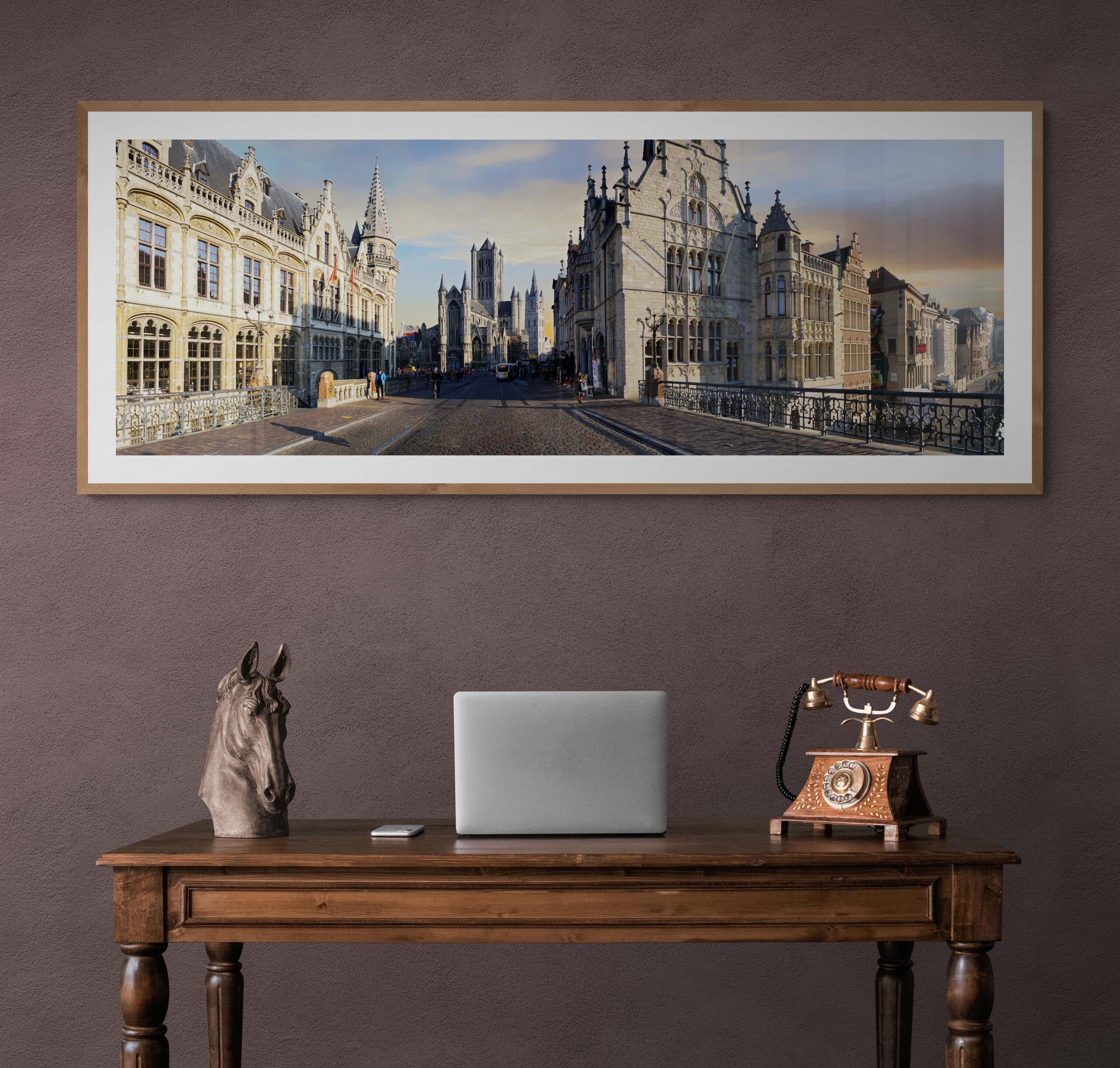 Panoramic cityscape made from 6 pictures
Pigment photographic paper - photography & fine art print © Jean Pierre De Neef 
Capital of the former county of Flanders, a large cloth and trading city, then birthplace of Charles V, it experienced from the