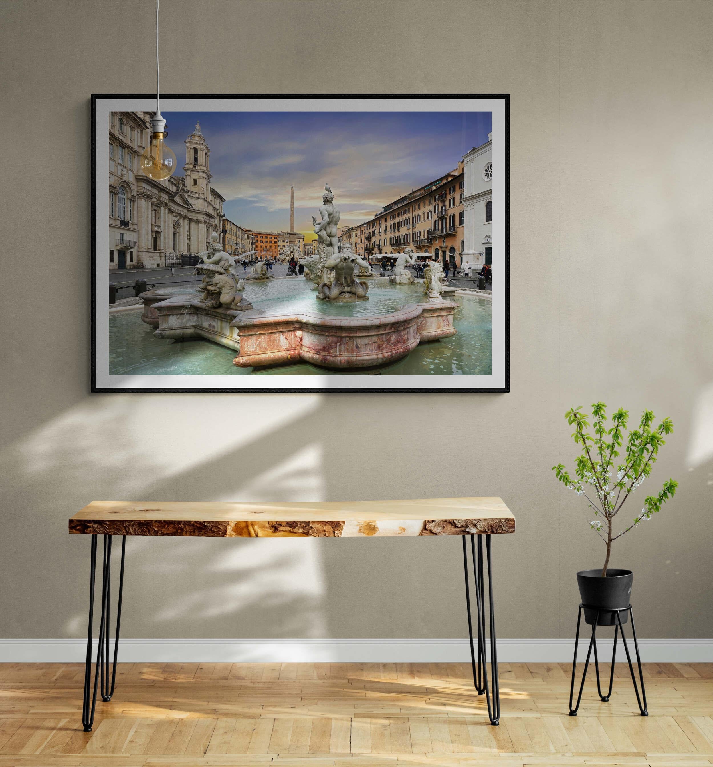 La Plaza Navona, Roma - Italia 2019 - Fotografía panorámica en color con marco completo - Photograph Fotorrealista de Jean Pierre De Neef