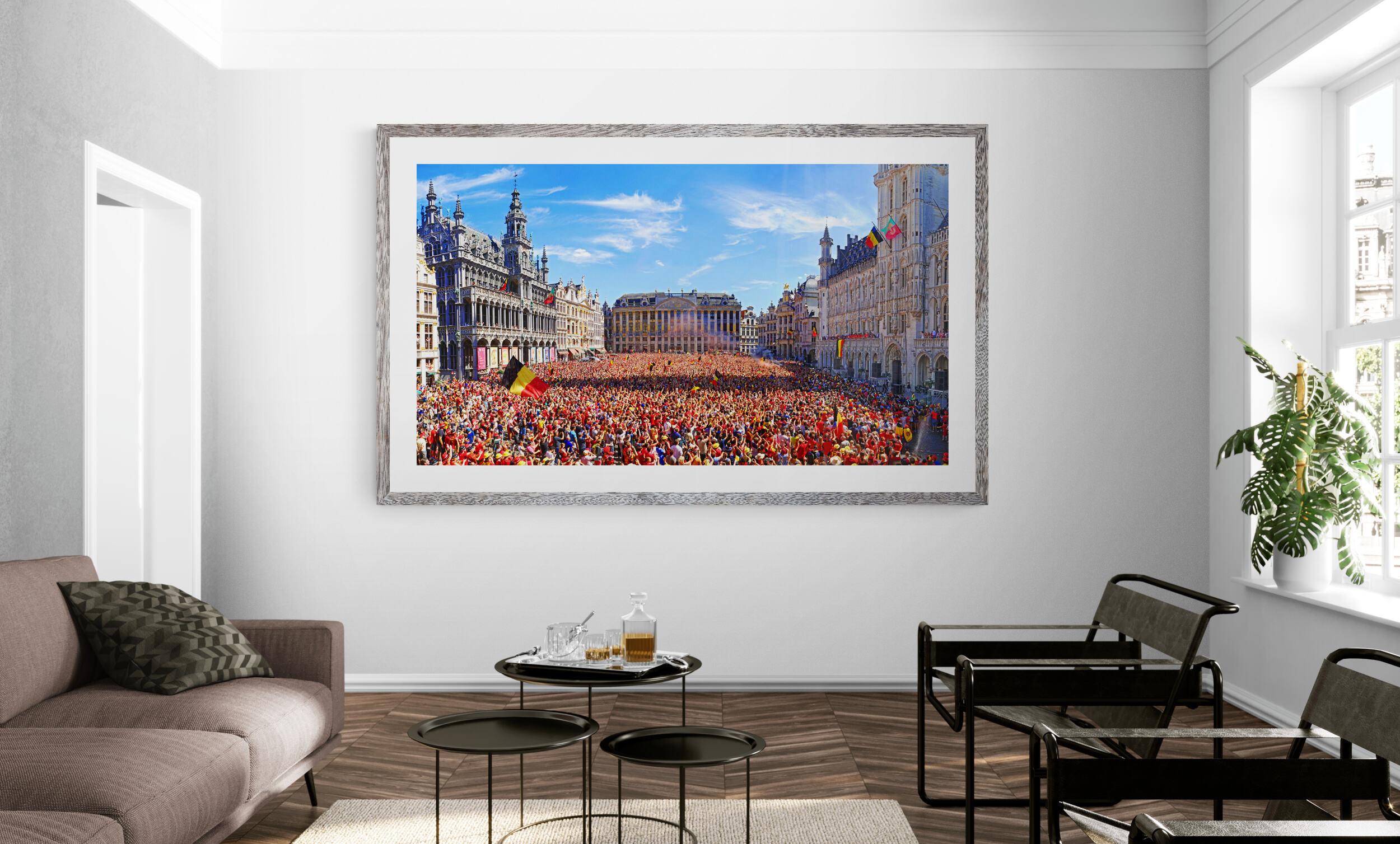 Pigment photographic paper - photography & fine art print © Jean Pierre De Neef - Panoramic cityscape made from 16 pictures
The red devils' triumphant return to the Grand Place in Brussels on July 15, 2018 after taking third place at the FIFA World