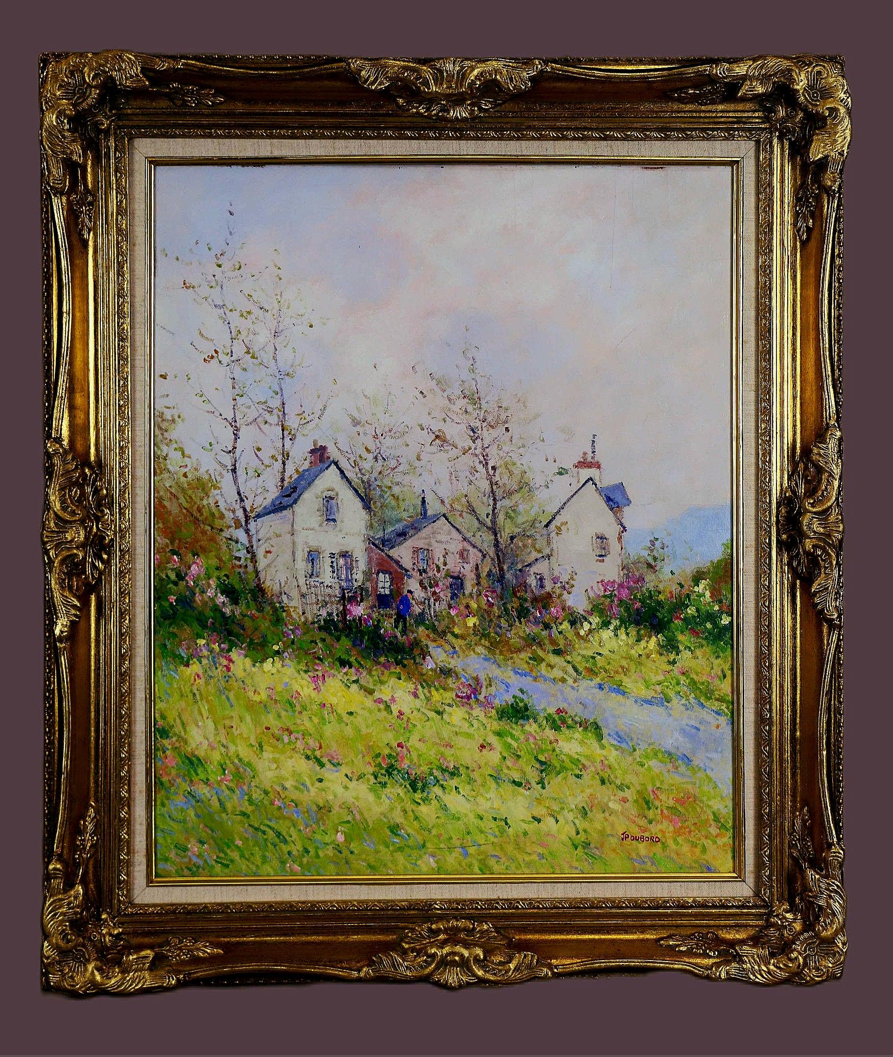 Jean Dubord. Paisaje en un jardín de flores en otoño - óleo sobre lienzo - firmado.