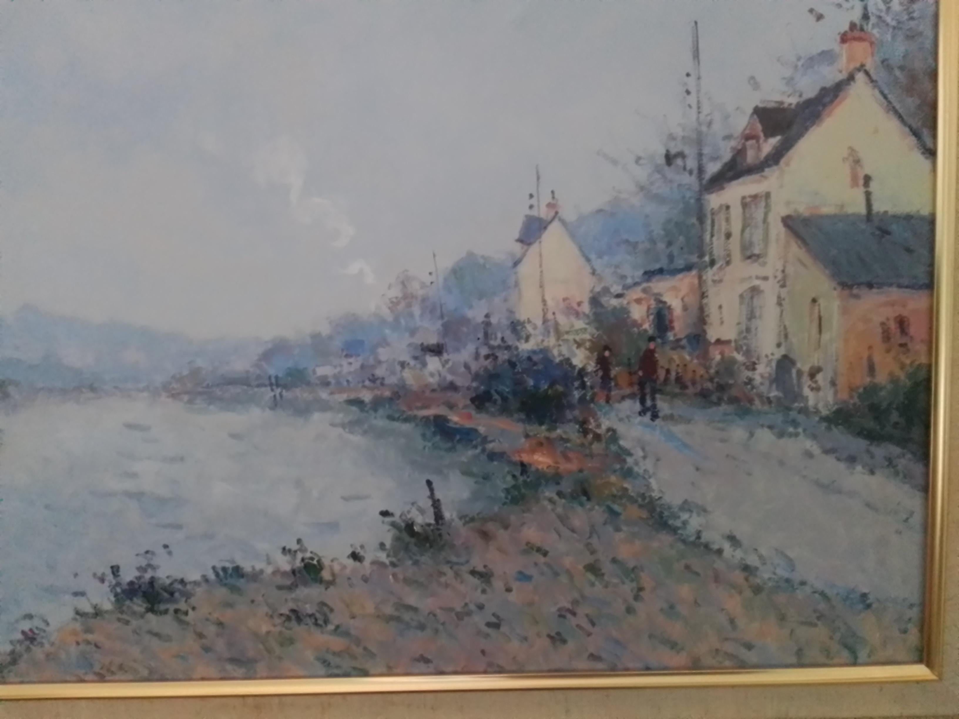 Vintage french art - The Animated Towpath In Normandy - oil on canvas - Post-Impressionist Art by Jean Pierre Dubord