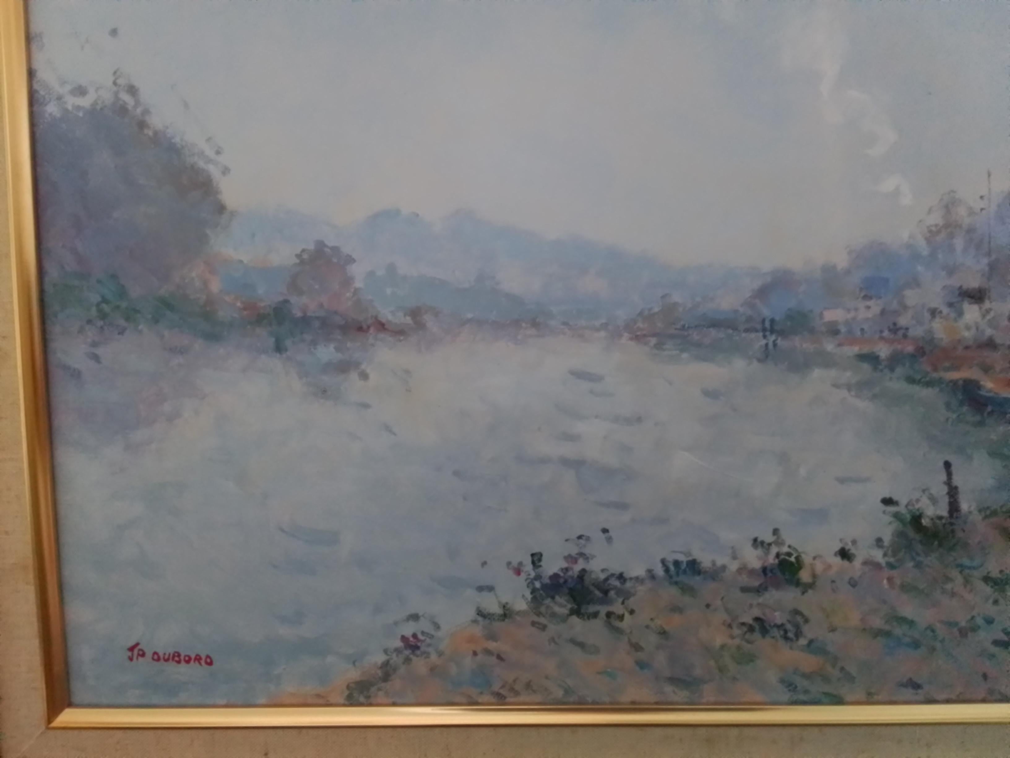 Vintage french art - The Animated Towpath In Normandy - oil on canvas - Gray Landscape Art by Jean Pierre Dubord