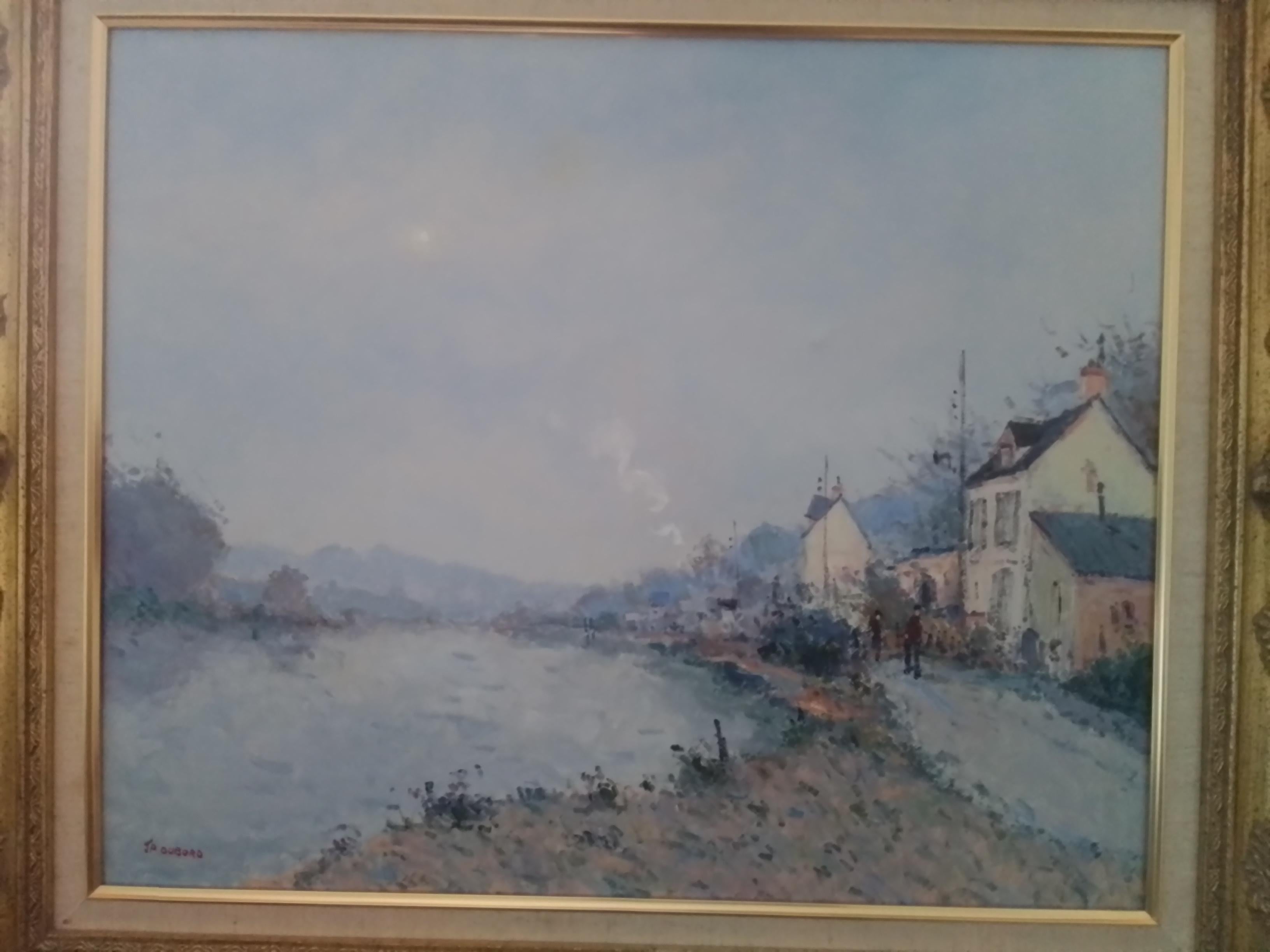 Vintage french art - The Animated Towpath In Normandy - oil on canvas For Sale 1