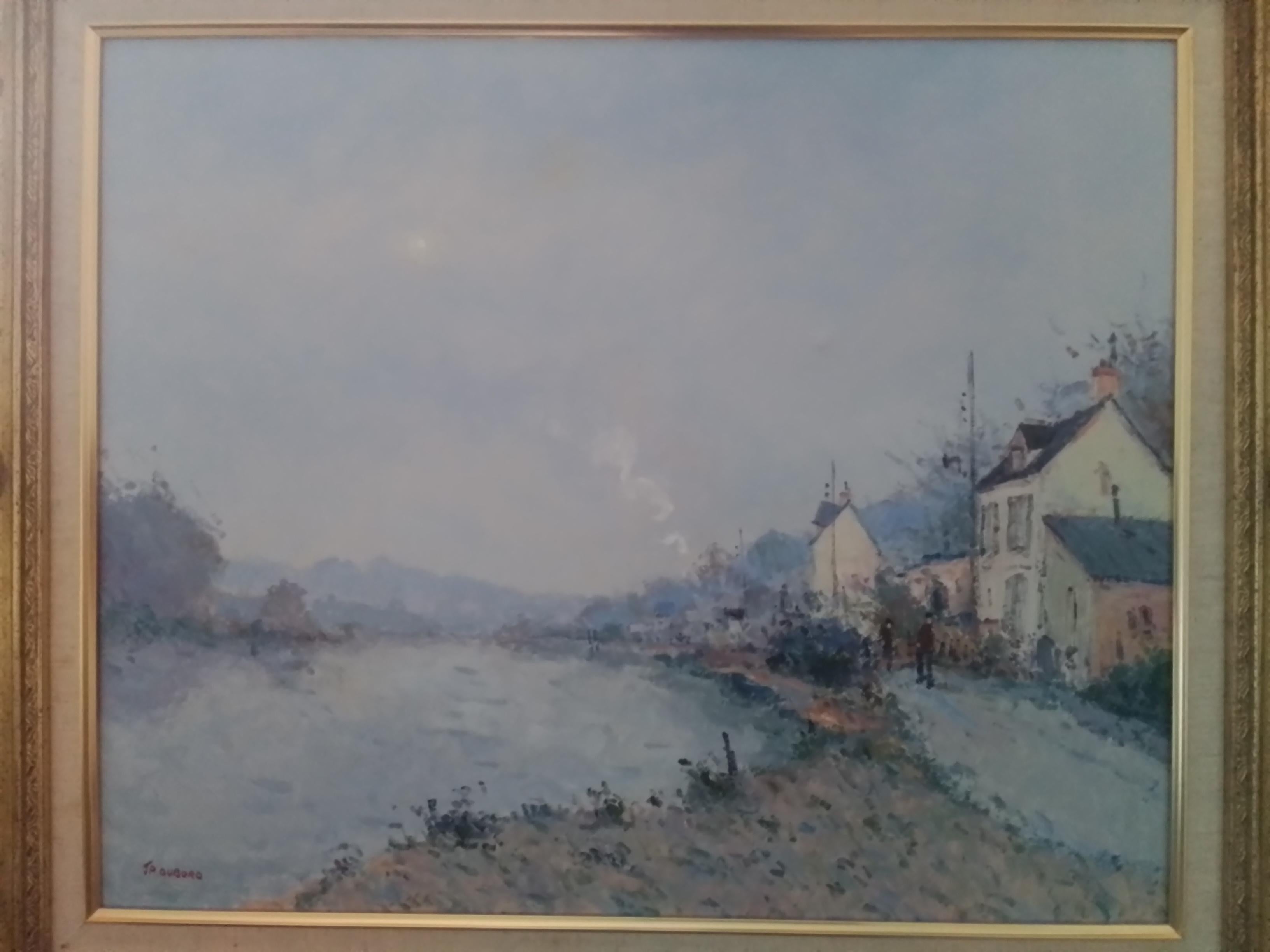 Vintage french art - The Animated Towpath In Normandy - oil on canvas For Sale 2