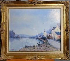 Französische Vintage-Kunst im Vintage-Stil – The Animated Towpath In Normandy – Öl auf Leinwand