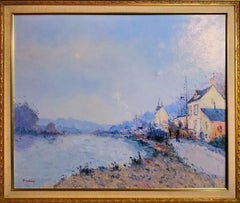 Arte francés vintage - El camino de sirga animado en Normandía - óleo sobre lienzo