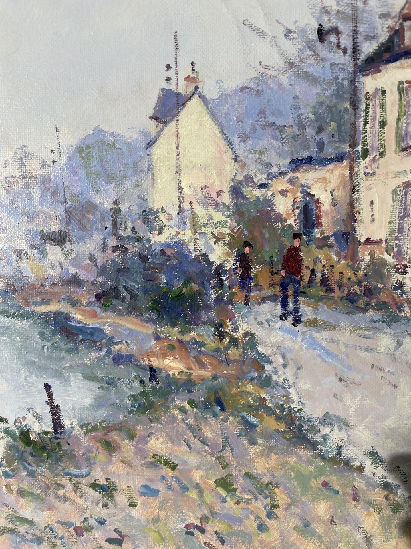Vintage french art - The Animated Towpath In Normandy - oil on canvas For Sale 7