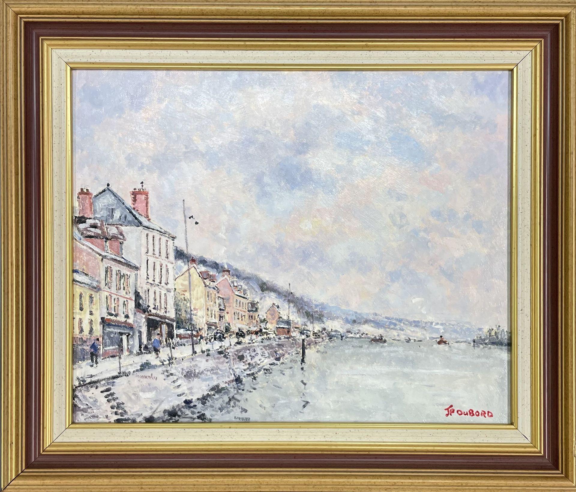 Jean Pierre Dubord  Landscape Art – Jean-Pierre DUBORD (1949) "Französisch "Le quai à La Bouille en hiver" Öl auf Leinwand