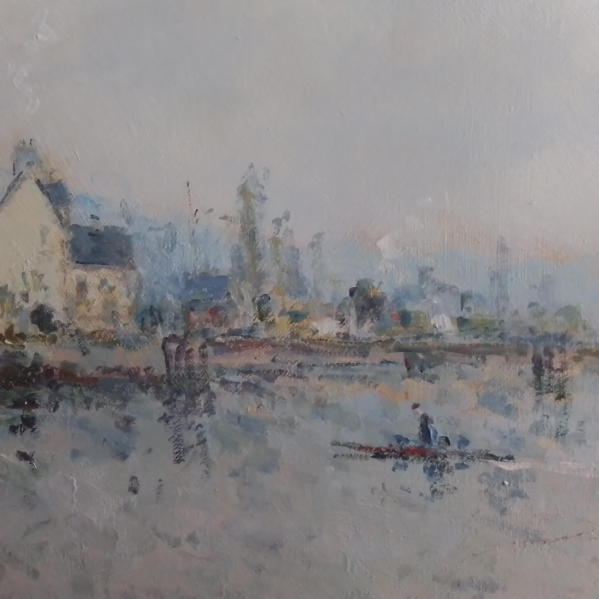 Barcos de remos en el Sena en Normandía - Landscape Painting Beige de Jean Pierre Dubord 