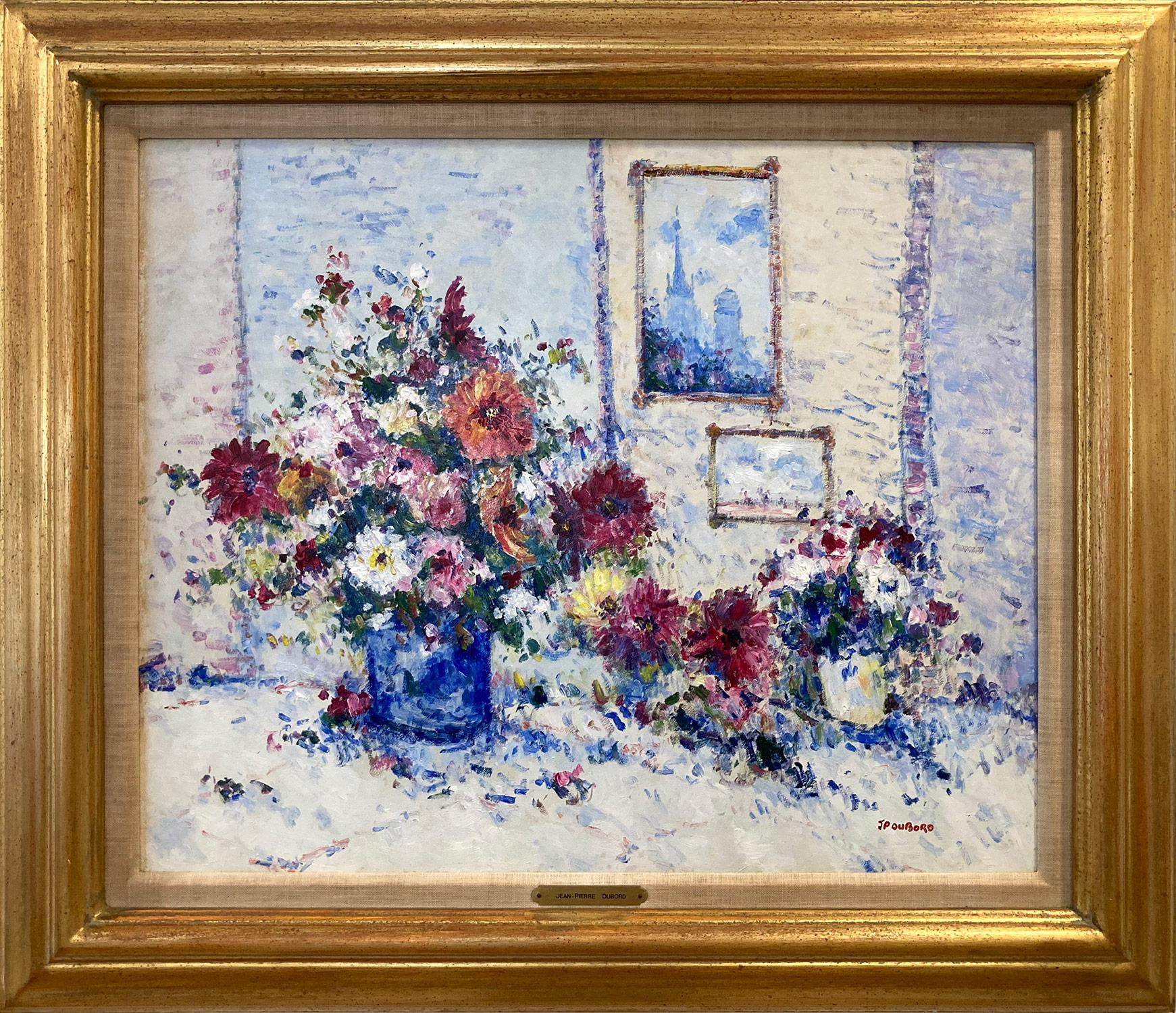 Still-Life Painting de Jean-Pierre Dubord - "Les Dalhias du Jardin" Bodegón impresionista parisino Pintura al óleo sobre lienzo