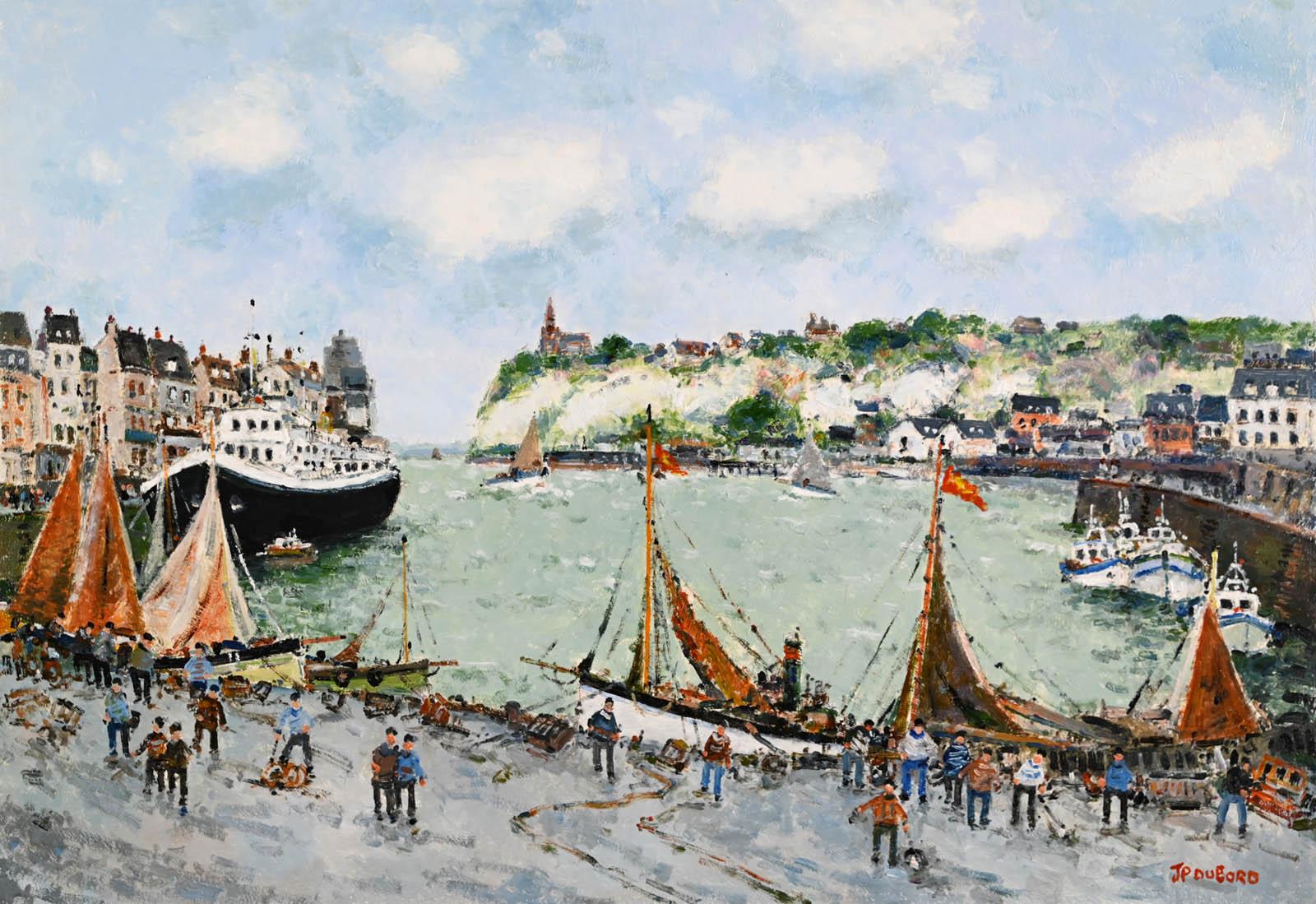 Les vieux Gréements dans le port de Dieppe - Gray Figurative Painting by Jean-Pierre Dubord