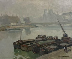 Peinture à l'huile impressionniste française vintage Notre Dame Paris rivière Seine signée