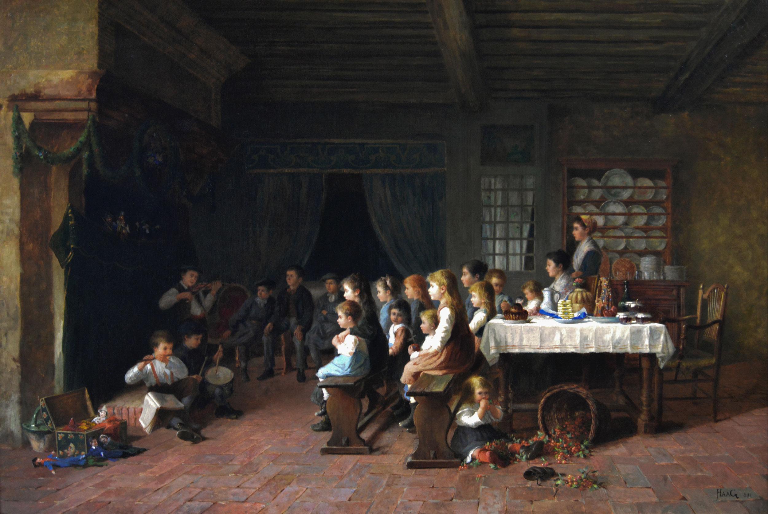 19th Century genre oil painting of children at a recital  - Painting by Jean Pierre Haag