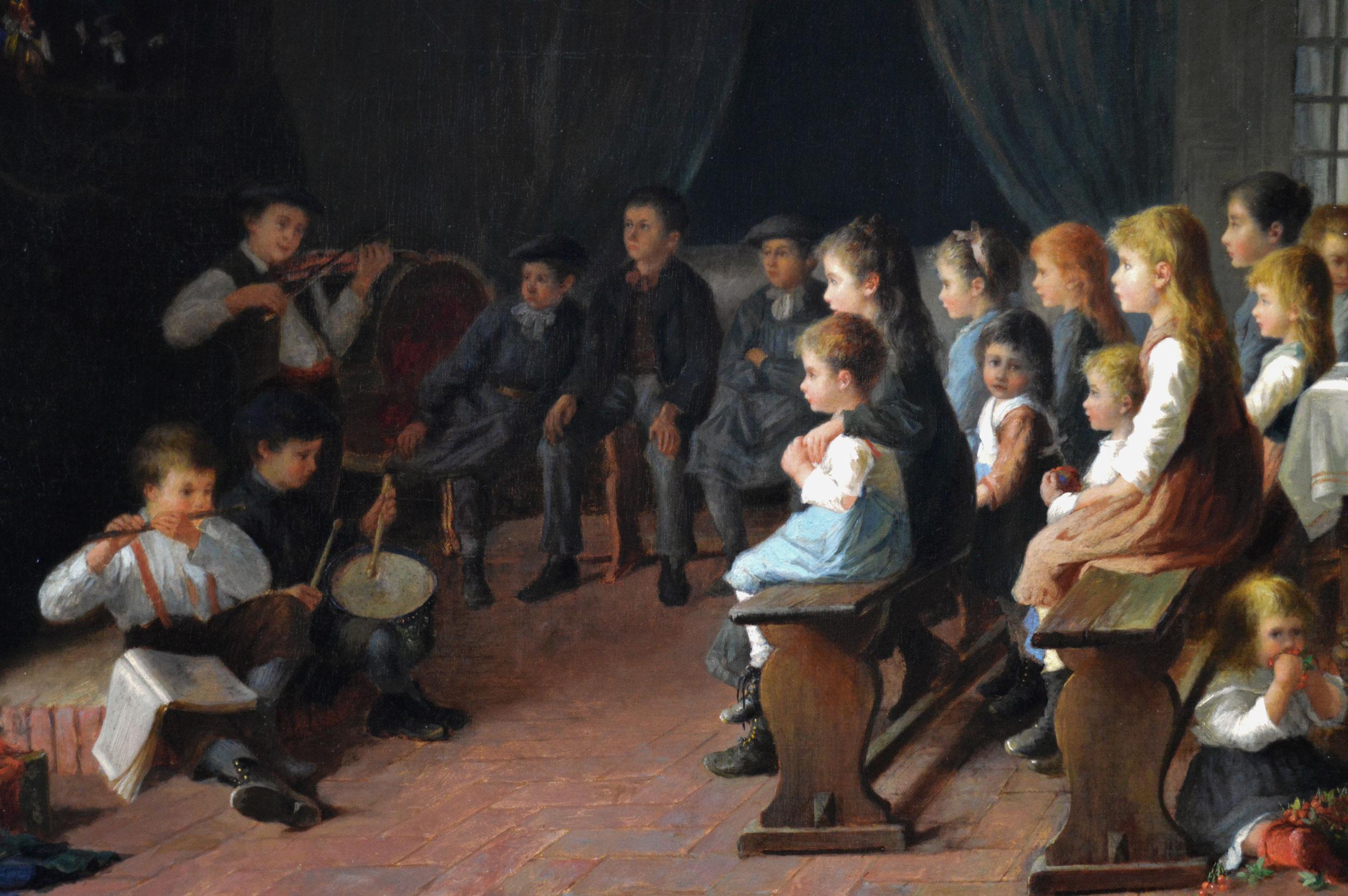 Dipinto a olio di genere del XIX secolo raffigurante dei bambini durante un saggio - Interior Painting Nero di Jean Pierre Haag